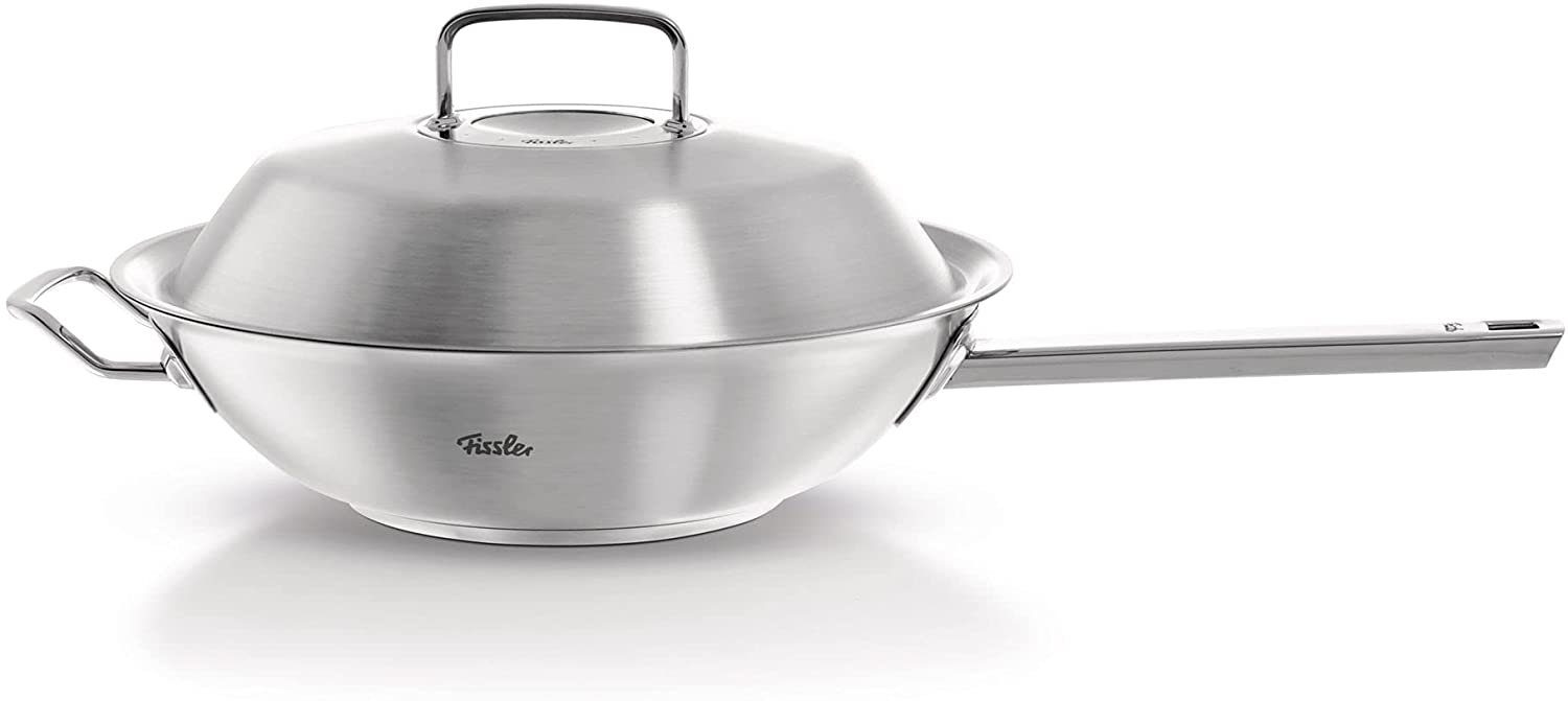 Fissler Wok ORIGINAL-PROFI COLLECTION®, Edelstahl 18/10 (2-tlg), mit breitem Schüttrand, Kaltmetallgriffen. Made in Germany, Induktion