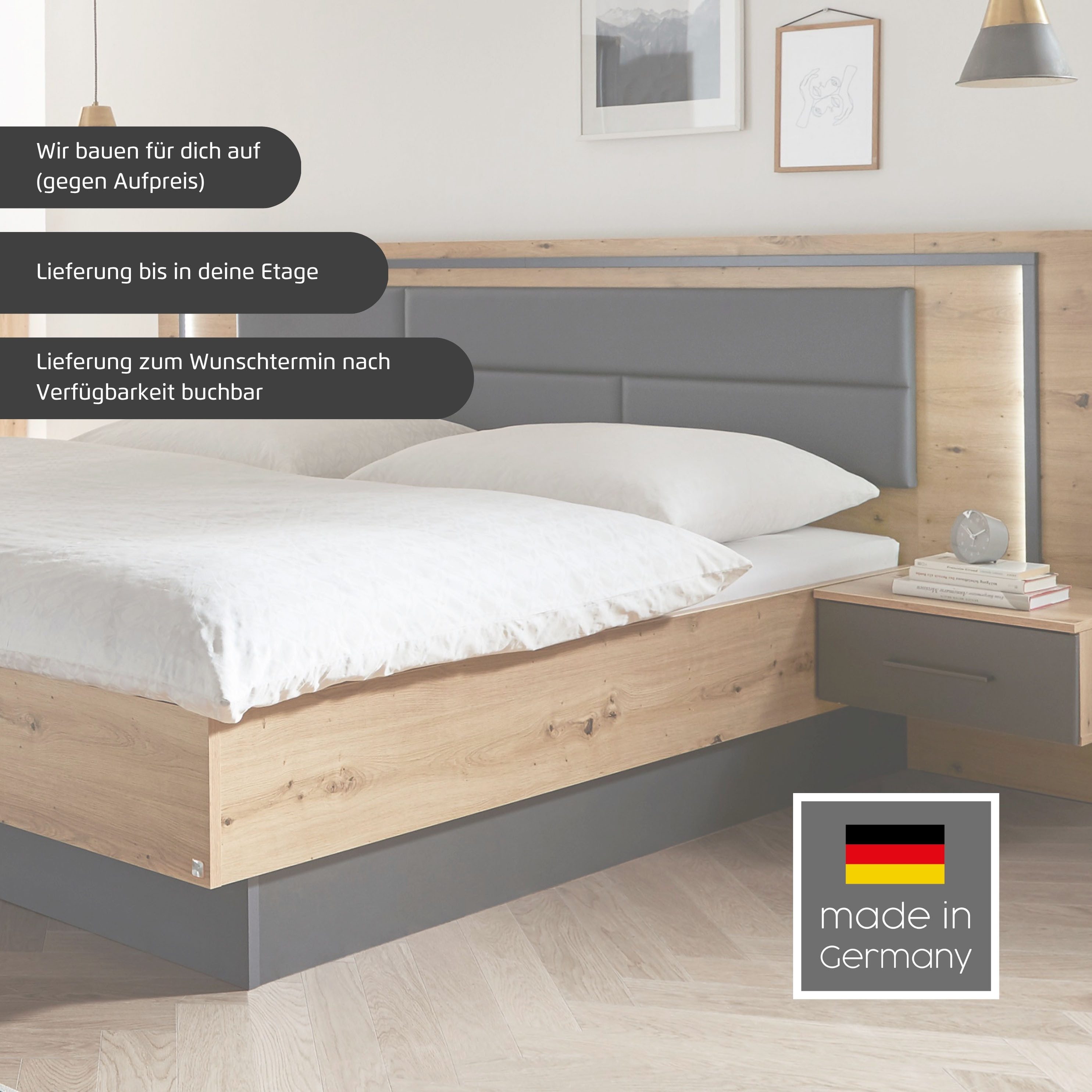 rauch Bettanlage Bett Doppelbett Komortbett BILBAO-EXTRA, (Set, 3-tlg., Liegefläche 160x200 oder 180x200 cm), Polster-Kopfteil in Lederoptik basalt, mit Beleuch – Bild 3 von 5