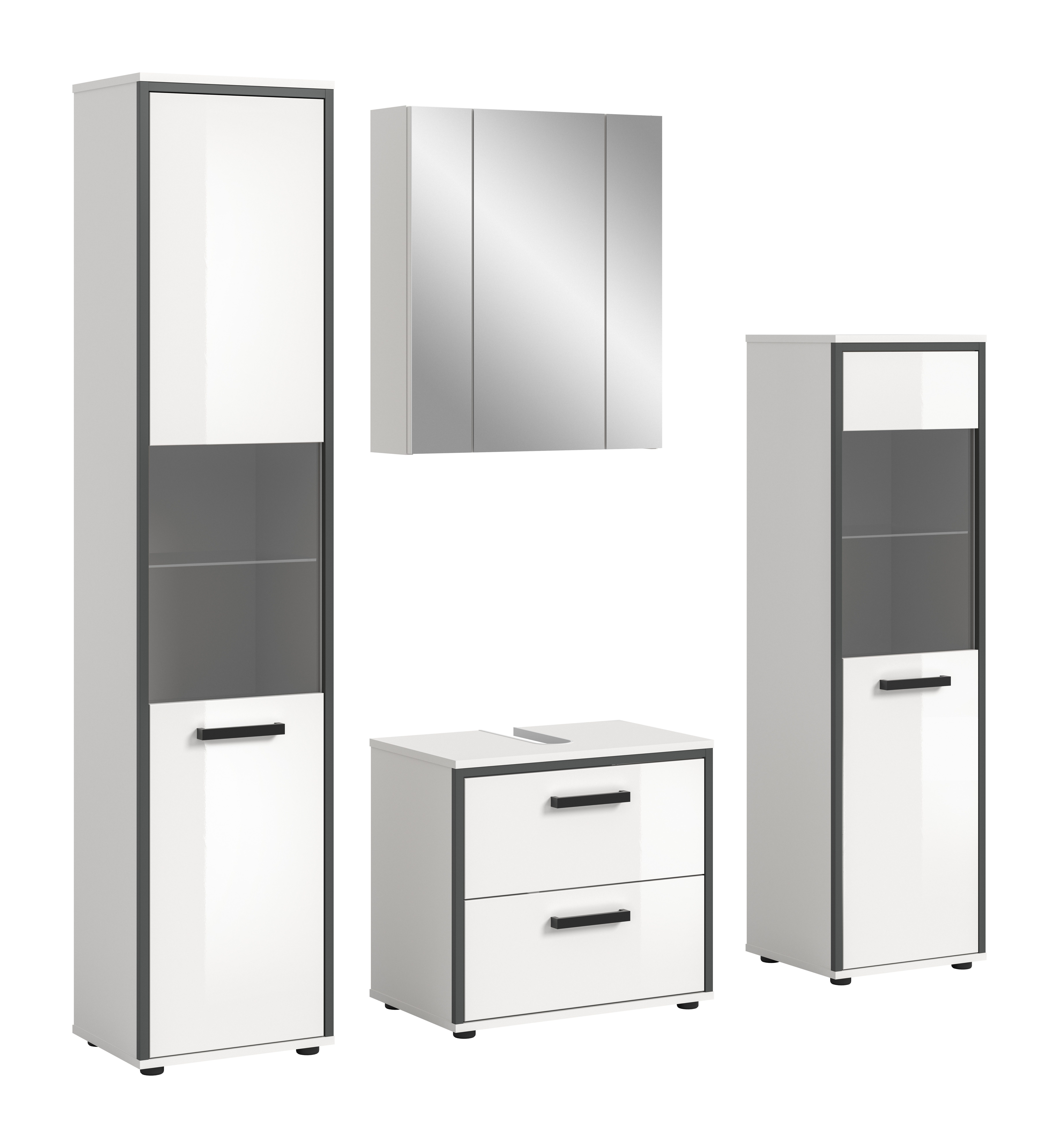 welltime Badmöbel-Set KAJO, 4-tlg. Badkombination, weiß hochglanz, (Set, 4-St., Set, best. aus:1Hochschrank,1Spiegelschrank,1WBU,1Midischrank), Bad-Kombination,Bad-Möbel,Badezimmer,Kombinationen,Kombi