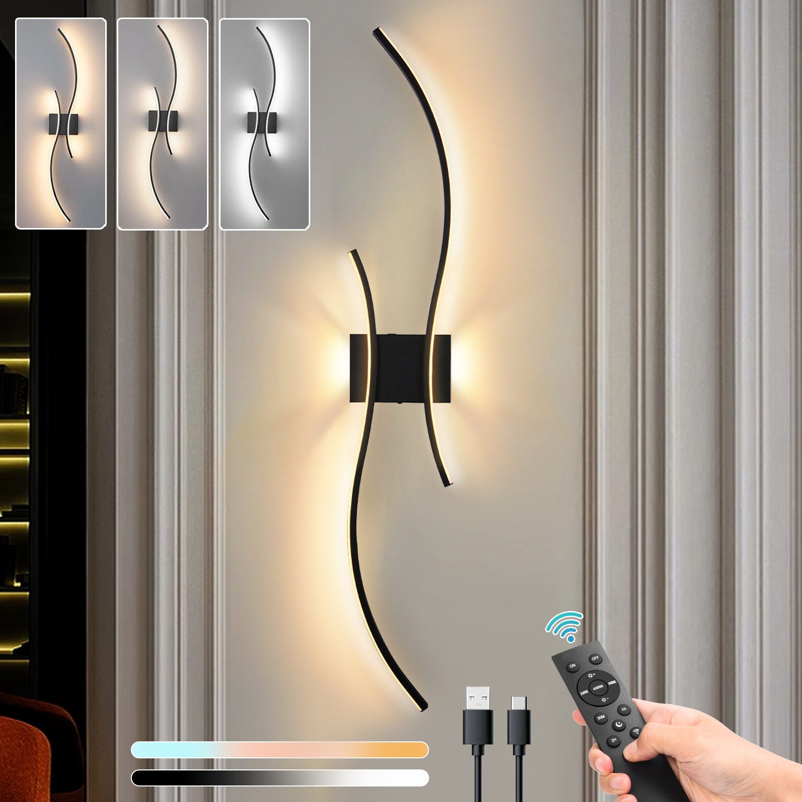 Rosnek Wandleuchte Innen LED Moderne Wandlampe 100cm Lange Schwarz Aluminium Dimmbar, mit Fernbedienung, LED fest integriert, Warmes Weiß/Natürliches Weiß/Kaltes Weiß, Kabellos, Wiederaufladbar, Timer-Funktion, Bettlampe für Treppenhaus