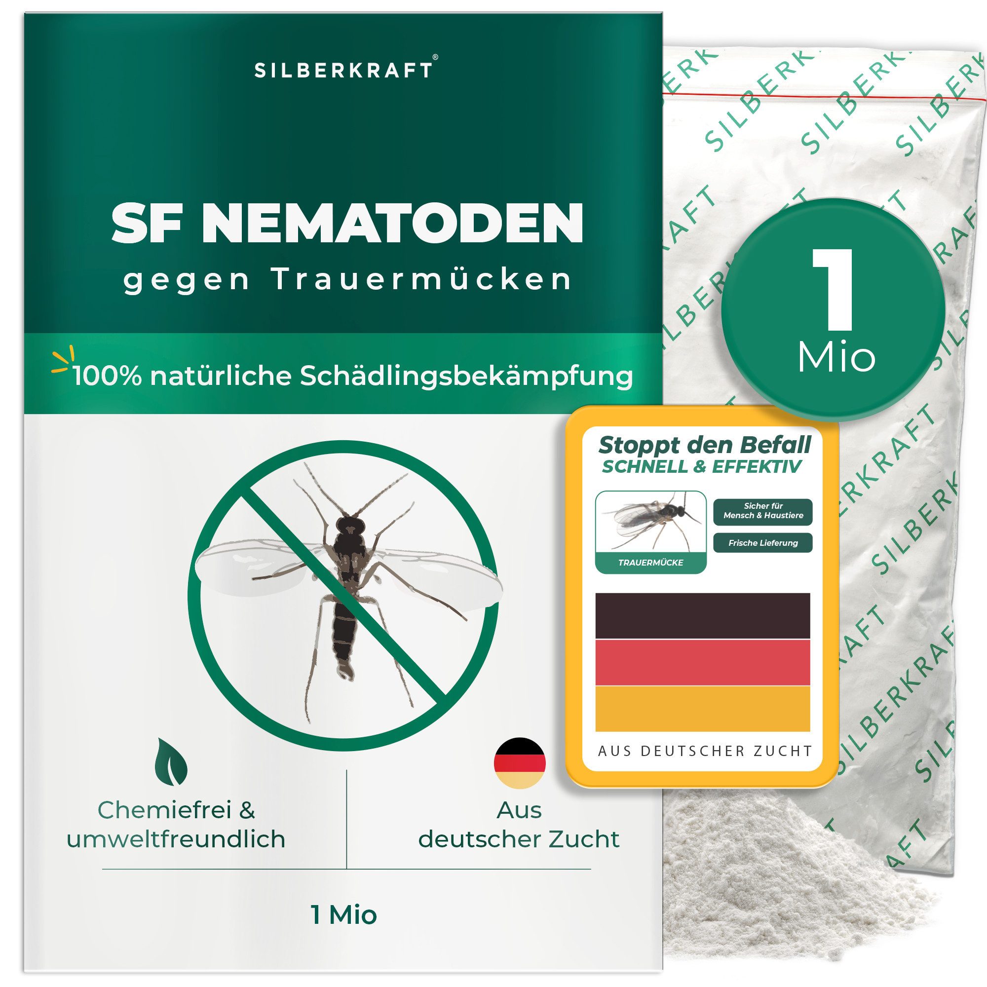 Silberkraft Insektenvernichter SF Nematoden, Biologische Schädlingsbekämpfung gegen Trauermücken, 1 Mio Nematoden gegen Trauermücken, biologisch, ohne Chemie