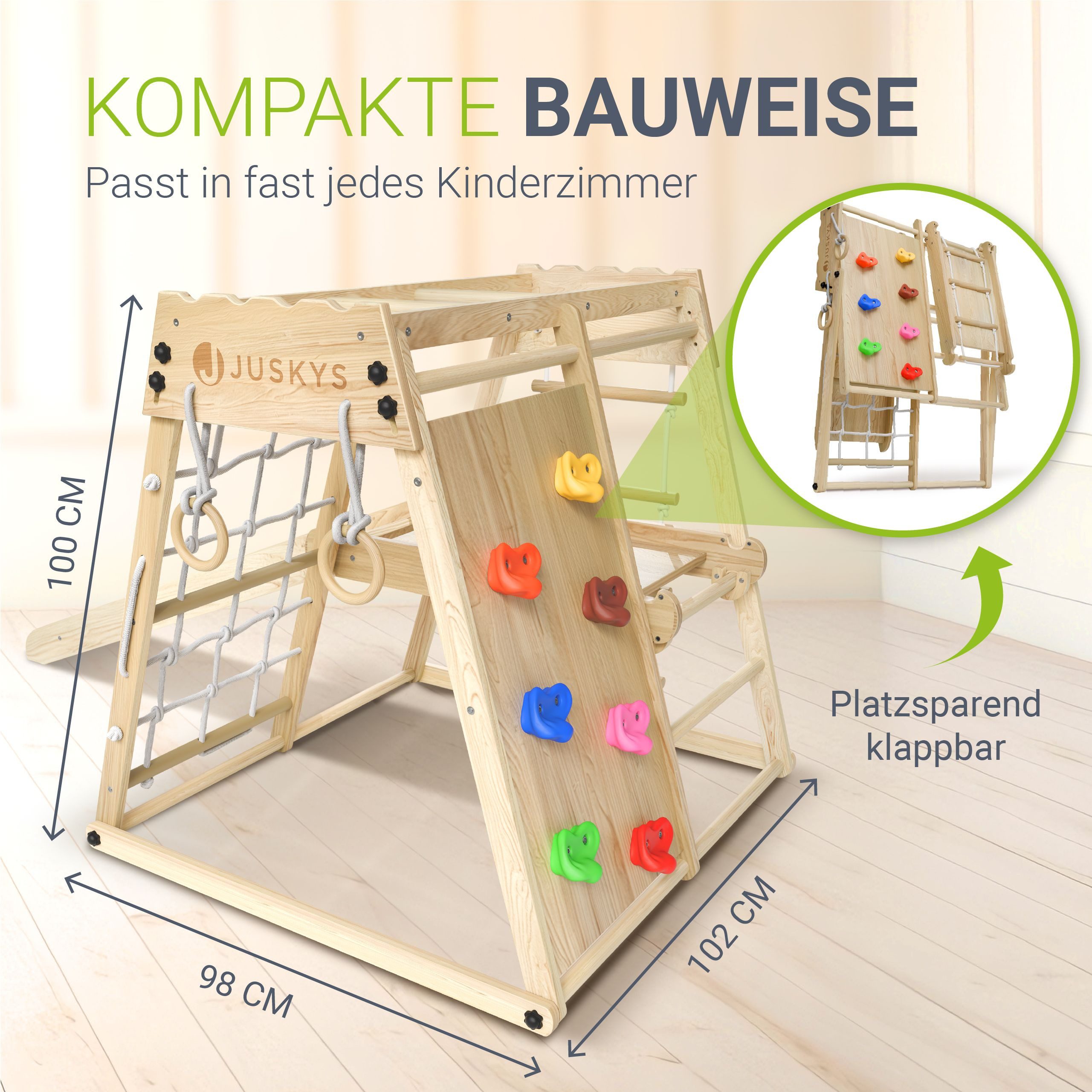 Juskys Klettergerüst Mini, für Kinder, Holz, Indoor Spielplatz klappbar, Rutsche & Kletterwand