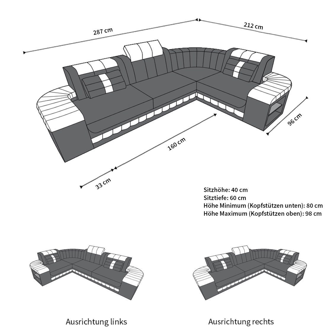 Ledercouch Ecksofa Ledersofa Designersofa Bettfunktion Form Bergamo L Couch, Sofa, mit mit Dreams Schlafsofa, Leder wahlweise LED, als Sofa