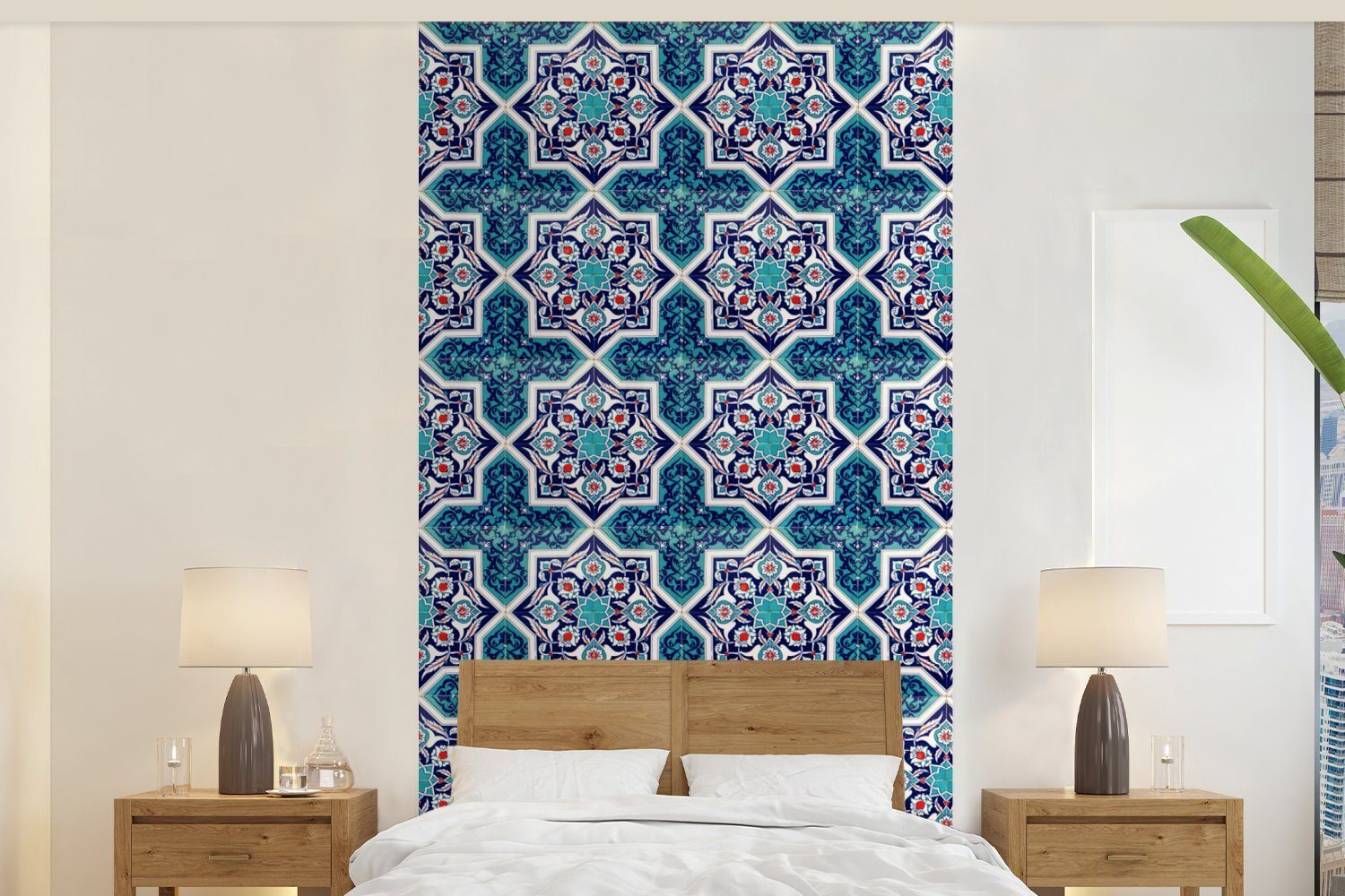 MuchoWow Fototapete Ein marokkanisches Mosaikfliesenmuster, bei dem hauptsächlich die, Matt, bedruckt, (2 St), Vliestapete für Wohnzimmer Schlafzimmer Küche, Fototapete
