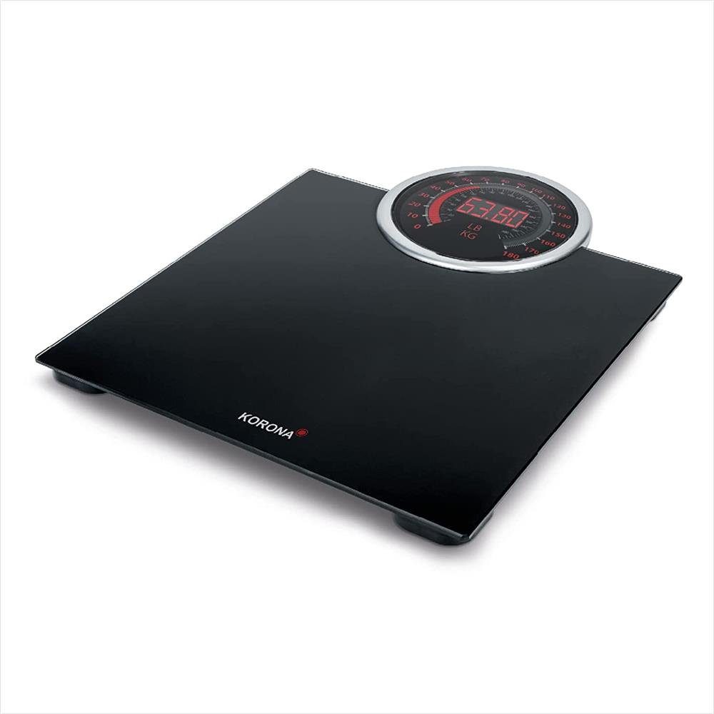KORONA Personenwaage CORA mit rotem XXL analog / digital Display Retro Design schwarz, Glaswaage 180 kg große Anzeige rot beleuchtet Vintage-Design
