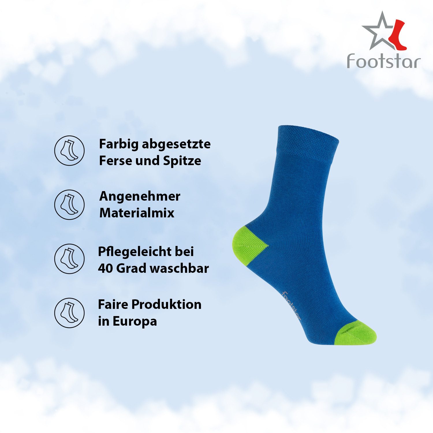 Footstar Basicsocken Kinder Baumwollsocken (10 Paar) Ferse & Spitze abgesetzt