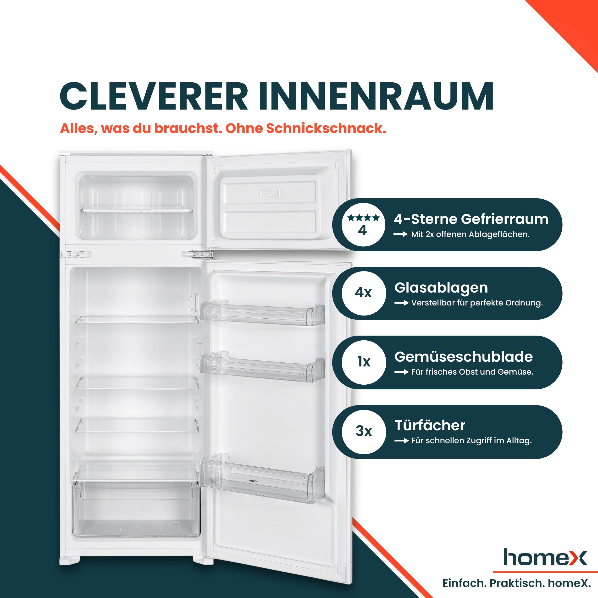 homeX Einbaukühlgefrierkombination CFB2051E, 145 cm hoch, 54 cm breit, 205 Liter, Einbaukühlschrank mit Gefrierfach, 145cm hoch, Schlepptür – Bild 4 von 5