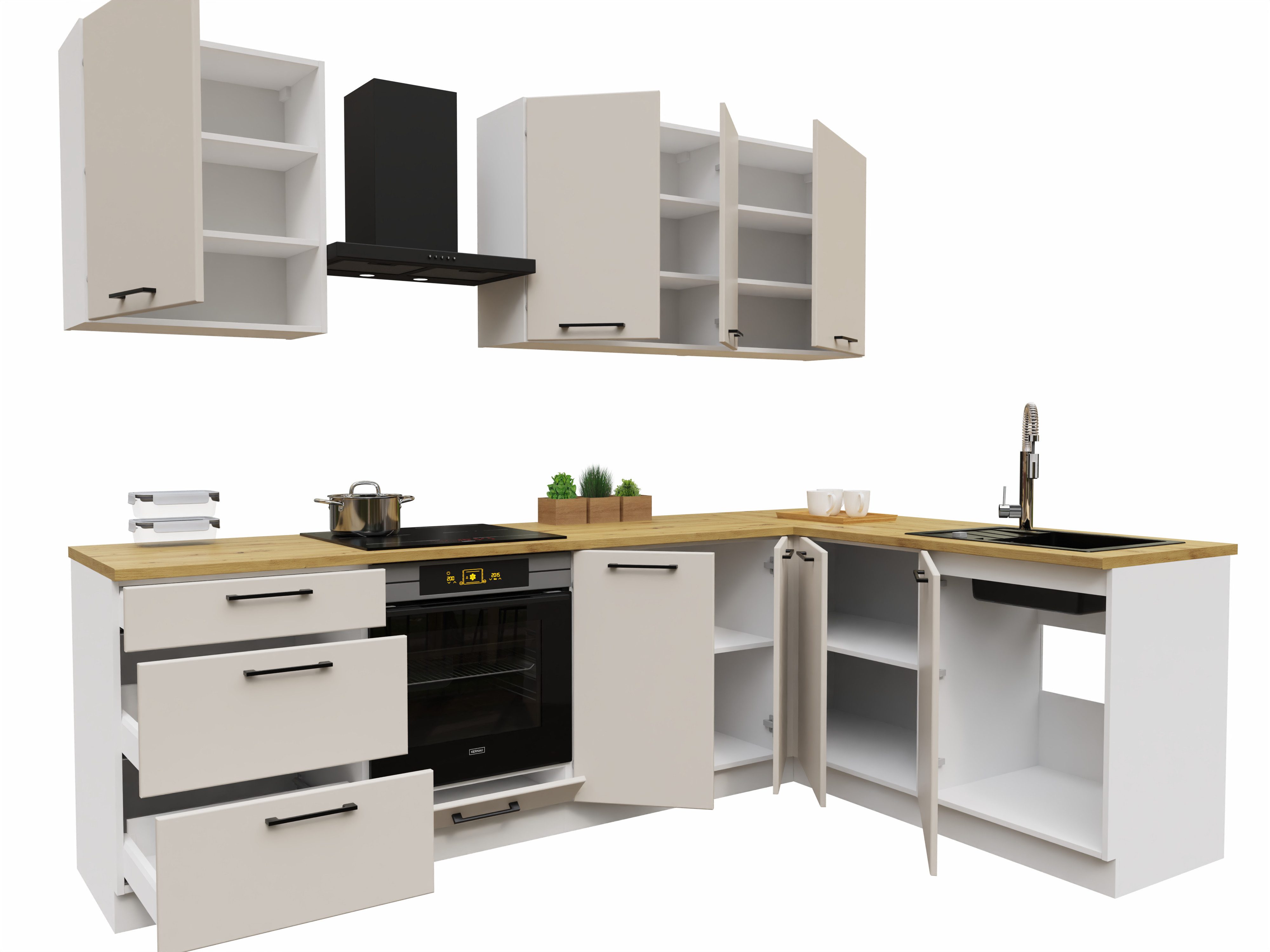 Möbel für Dich Winkelküche moderne Eckküche in L-Form Denis 260x170 cm, 8-teilig, mit Fronten in Weiß Hochglanz oder Beige matt