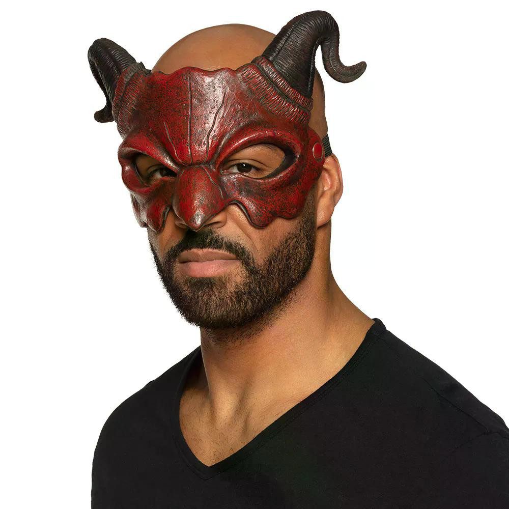 Boland Teufel-Kostüm Schaum-Halbmaske Dämon rot mit Hörnern Halloween Karneval Maske, Detailreiche Struktur für realistischen Look