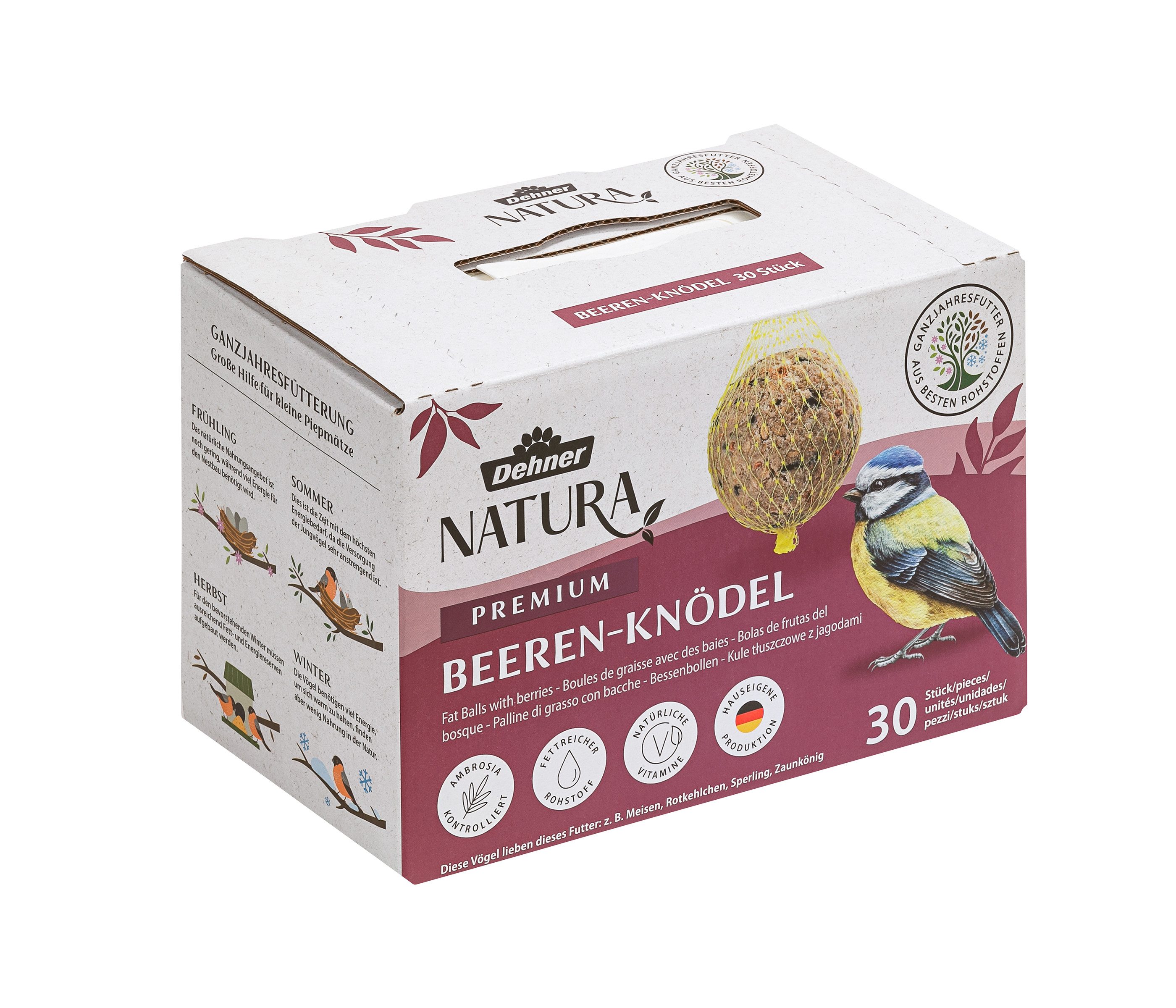 Dehner Natura Premium Beerenknödel, Meisenknödel mit Netz, 30 Stück je 90 g Beeren, Hauptfutter für: Wildvogel, Gartenvögel, im Karton, Wildvogelfutter zur ganzjährigen Fütterung