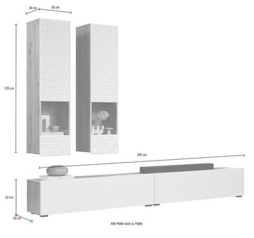 INOSIGN Wohnwand Sylt, 2 Hängevitrinen mit Relief-Front, (Komplett-Set, 3-St), Lowboard je Br. 120 cm, stehend oder hängend