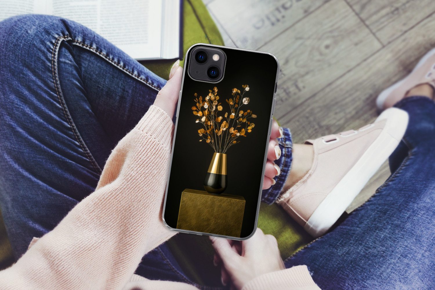 MuchoWow Handyhülle für Apple iPhone 13 mini Goldbraun - Blätter - Vase - Herbstlich, Smartphone-Bumper, Print, Handy Schutzhülle Dünn