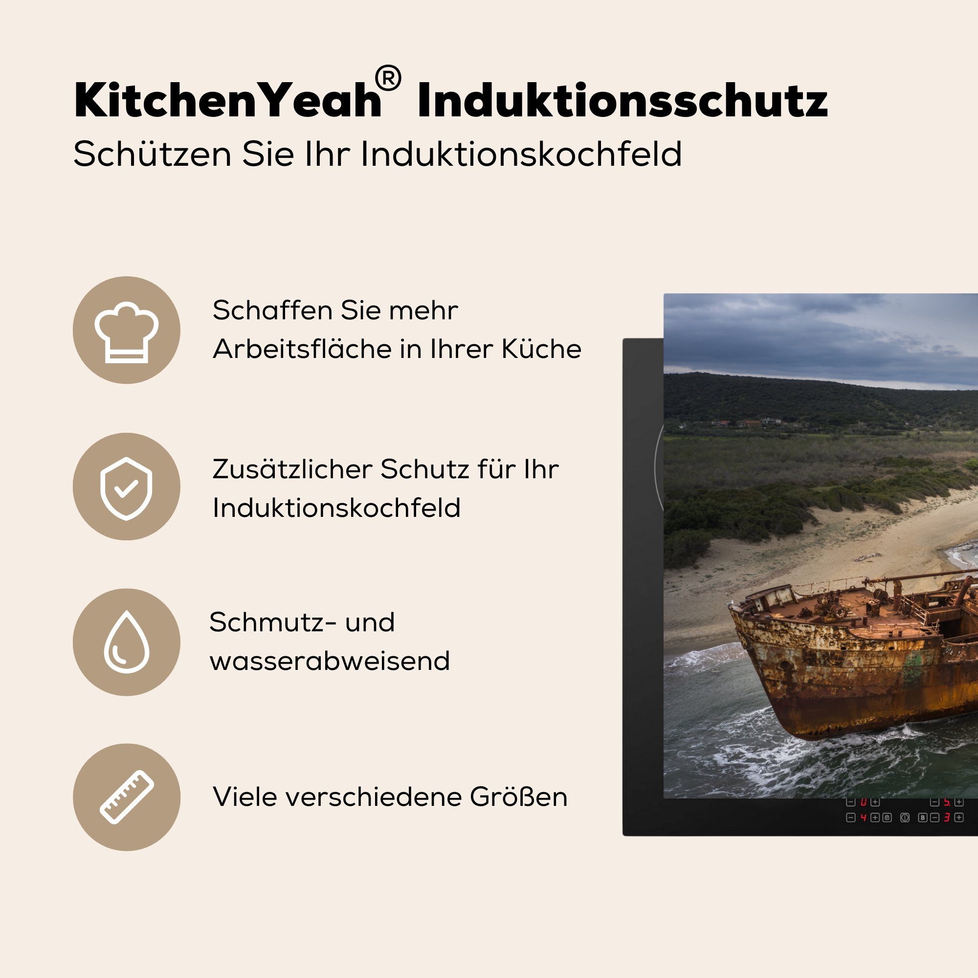 MuchoWow Herdblende-/Abdeckplatte Gestrandetes Schiff Induktionskochfeld 81x52 vor (1 cm, Küste, der Vinyl, tlg), die Schutz für Ceranfeldabdeckung küche