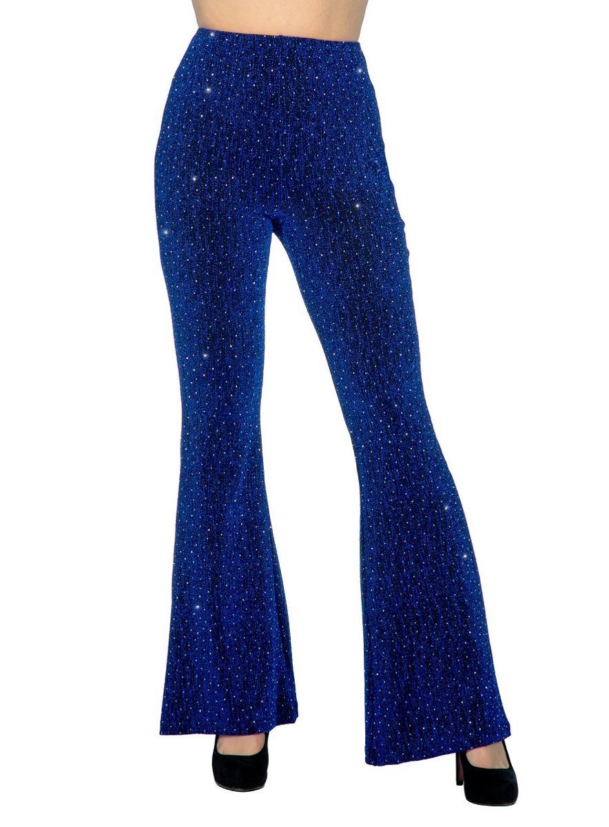 Metamorph Kostüm Disco Leggings für Damen blau, 70er Jahre Schlaghose mit Metallic-Schimmer