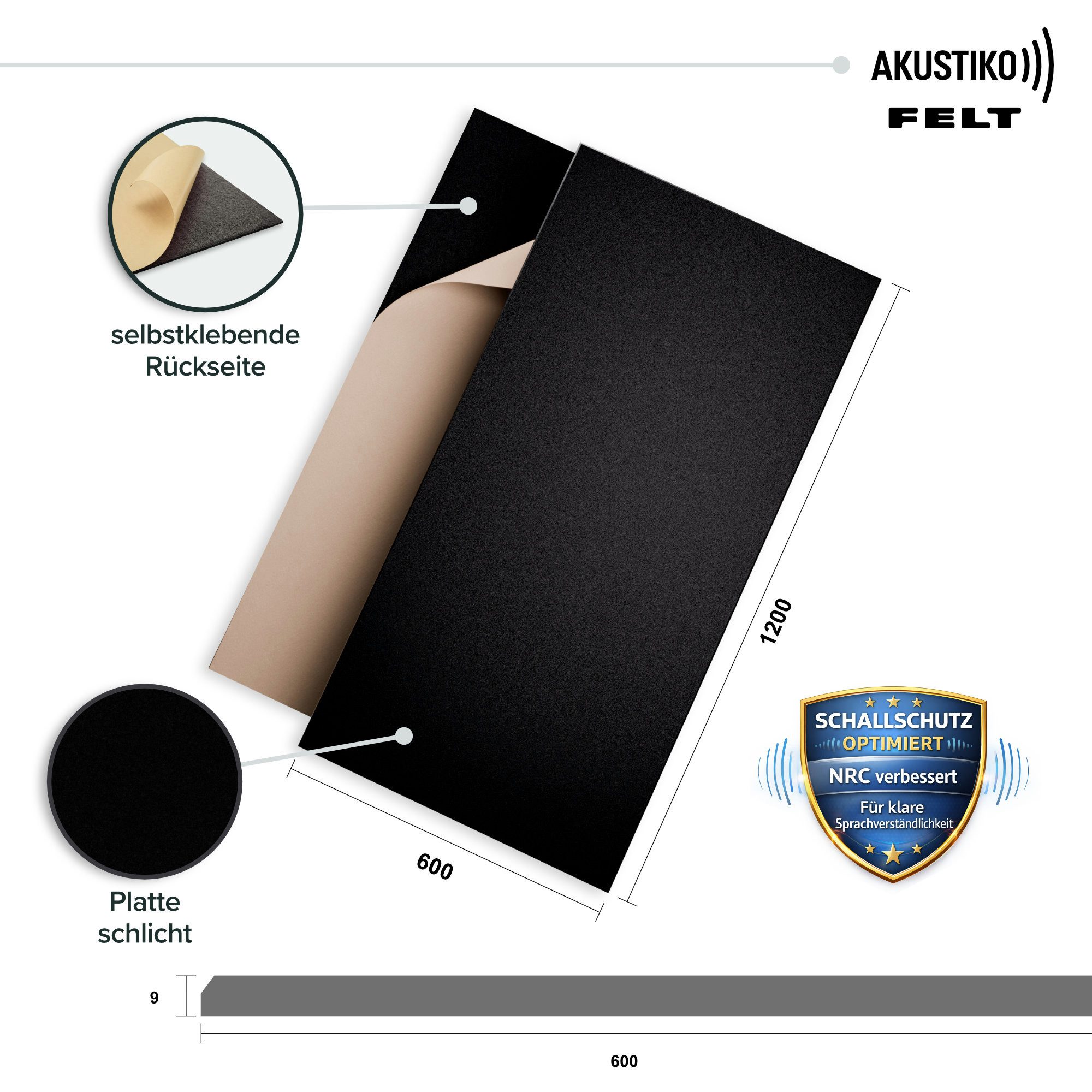 AKUSTIKO Schallschutzpaneel, (Selbstklebend 120x60cm - 12 Stück Schwarz Akustik Wandpaneele Schallschutz & Raumakustik Panels Filz 9mm Hexim Decken- & Wandverkleidung Studio Aufnahme (8.64m)