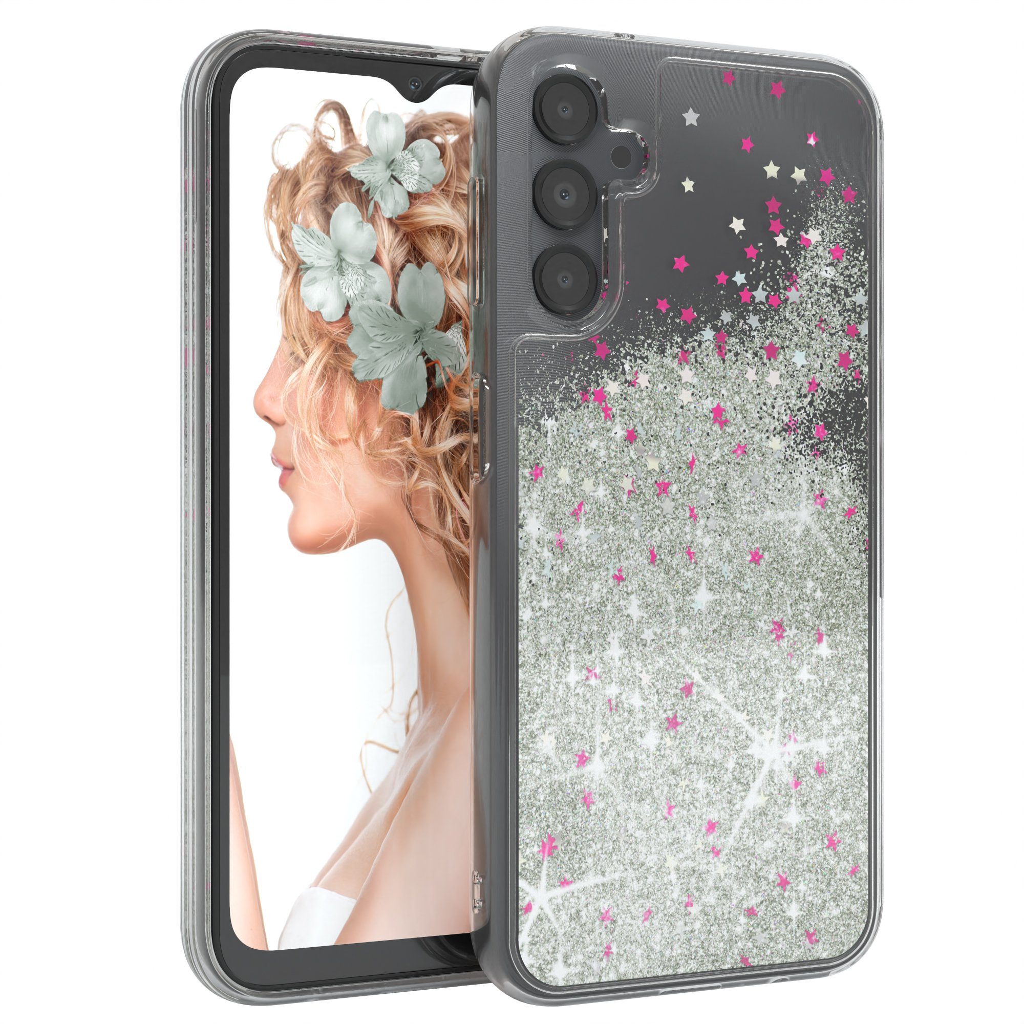 EAZY CASE Handyhülle Liquid Glittery Case für Samsung Galaxy A14 (5G) 6,6 Zoll, Kratzfeste Silikonhülle stoßfestes Back Cover Phone Case Etui Silber