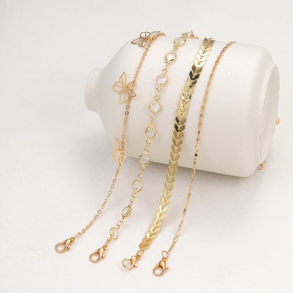 MOPUEA Fußkette Damen-Knöchelarmband, verstellbar, Farbe Gold (Boho Multi Geschichtet Schmetterling Fußkettchen Armband, 4-tlg., für Frauen und Mädchen Sommer Strand Abschlussfeiern), Vielseitig kombinierbar, vielseitiger Fußschmuck für Sommerausflüge