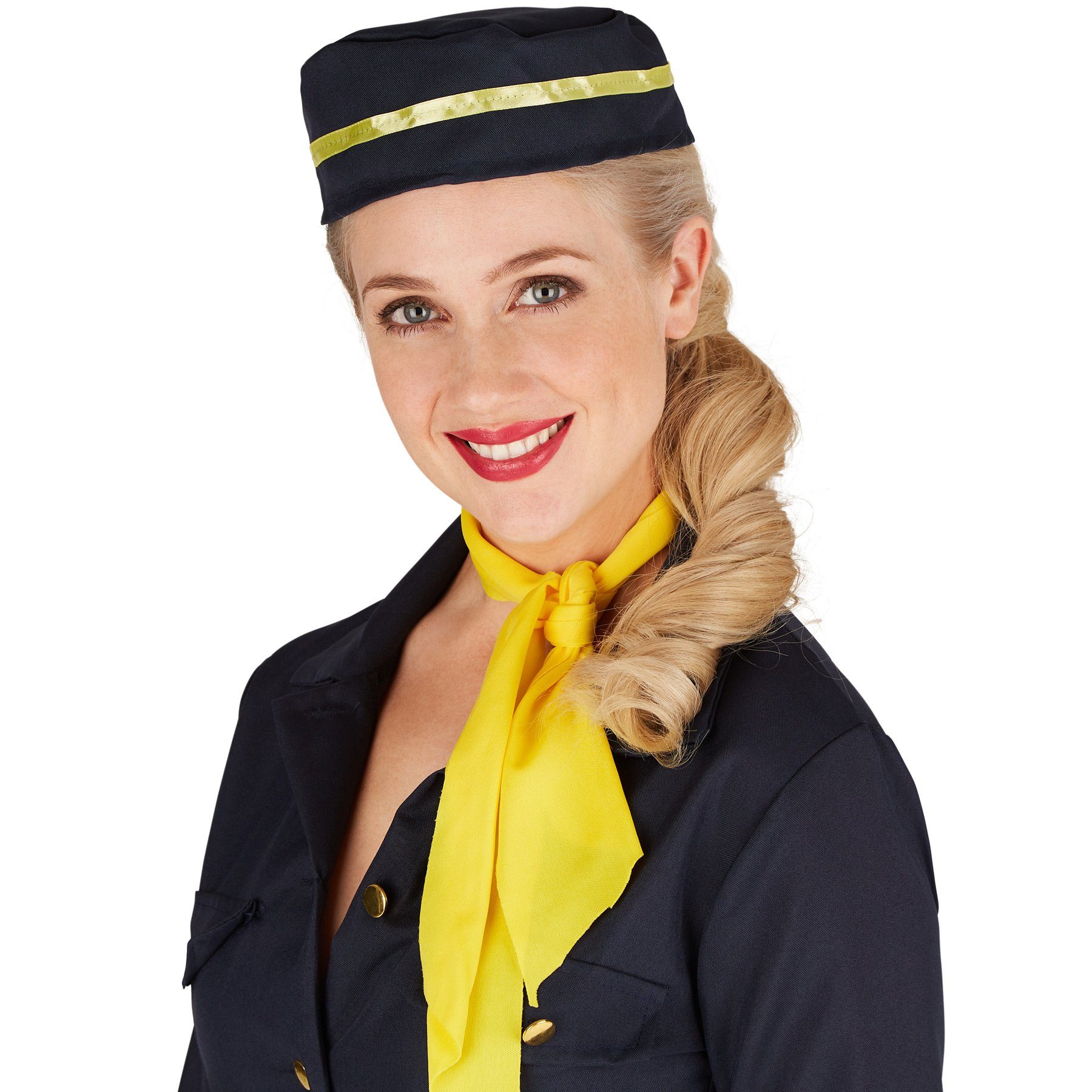 dressforfun Kostüm Flugbegleiterin/Stewardess, in schwarz/gelb, Konfektionsgröße XXL, Kurzes Kleid, Stewardessen-Hut, Schönes passendes Halstuch