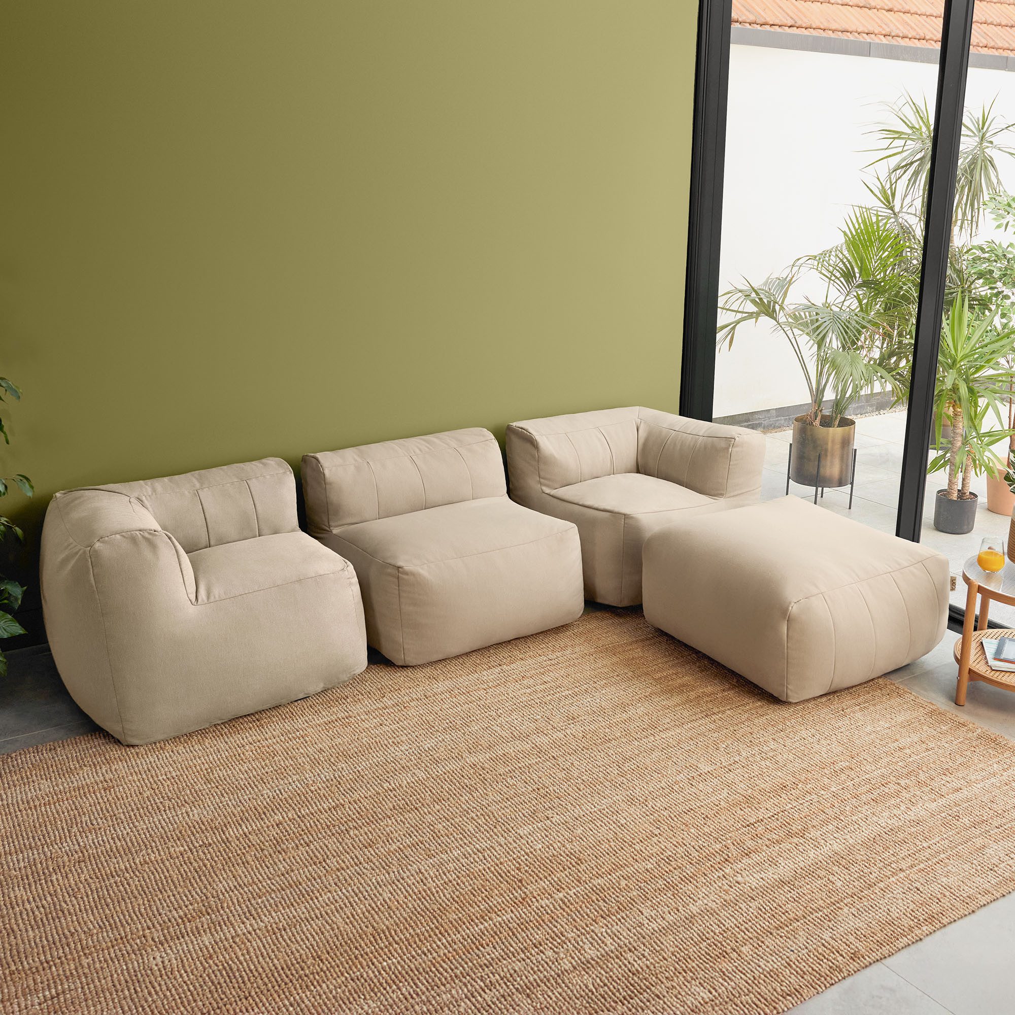 icon Gartenlounge-Set Modulares Outdoorsofa 6 Stück aus Olefin „Zen“, (Spar-Set, 2 x Ecksofa, 3 x Sessel, 1 x Hocker), Schaumstoff Füllung, für Wohnzimmer, für den Außenbereich, wetterfest