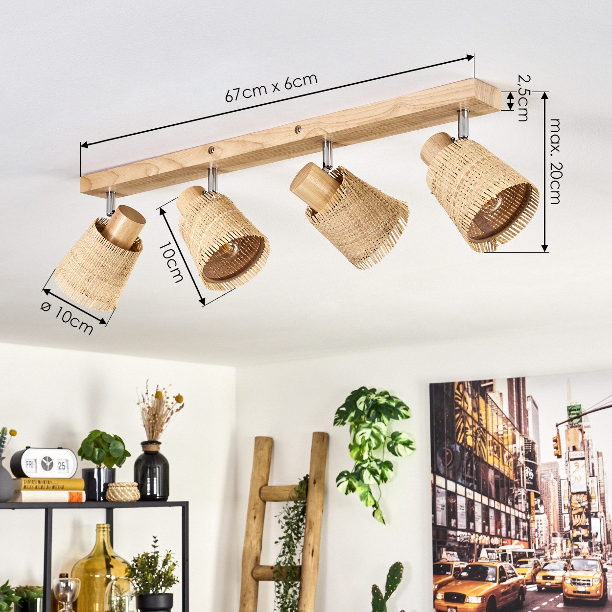 hofstein Deckenleuchte Deckenlampe aus Holz/Metall/Bast in Hellbraun/Chrom-/Naturfarben, ohne Leuchtmittel, mit verstellbaren Strahlern, 4 x E14, ohne Leuchtmit – Bild 5 von 5