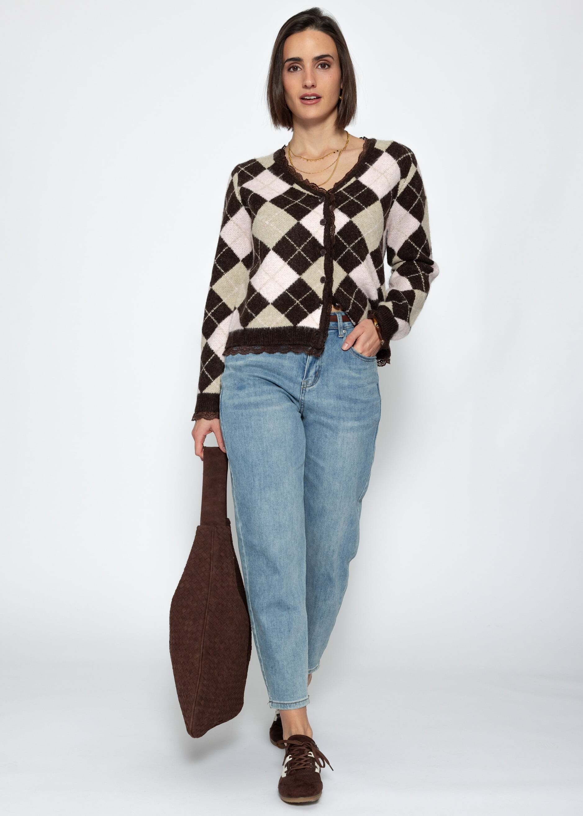 SASSYCLASSY Cardigan Strickjacke mit Rautenmuster für Damen Weicher Cardiga günstig online kaufen