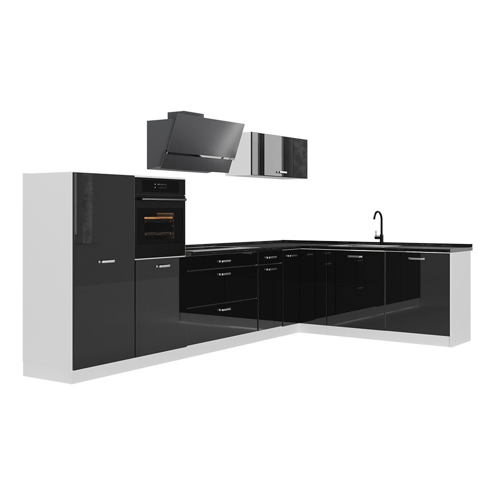 Vicco Winkelküche R-Line, Schwarz Hochglanz/Weiß, 347 x cm Arbeitsplatte Anthrazit