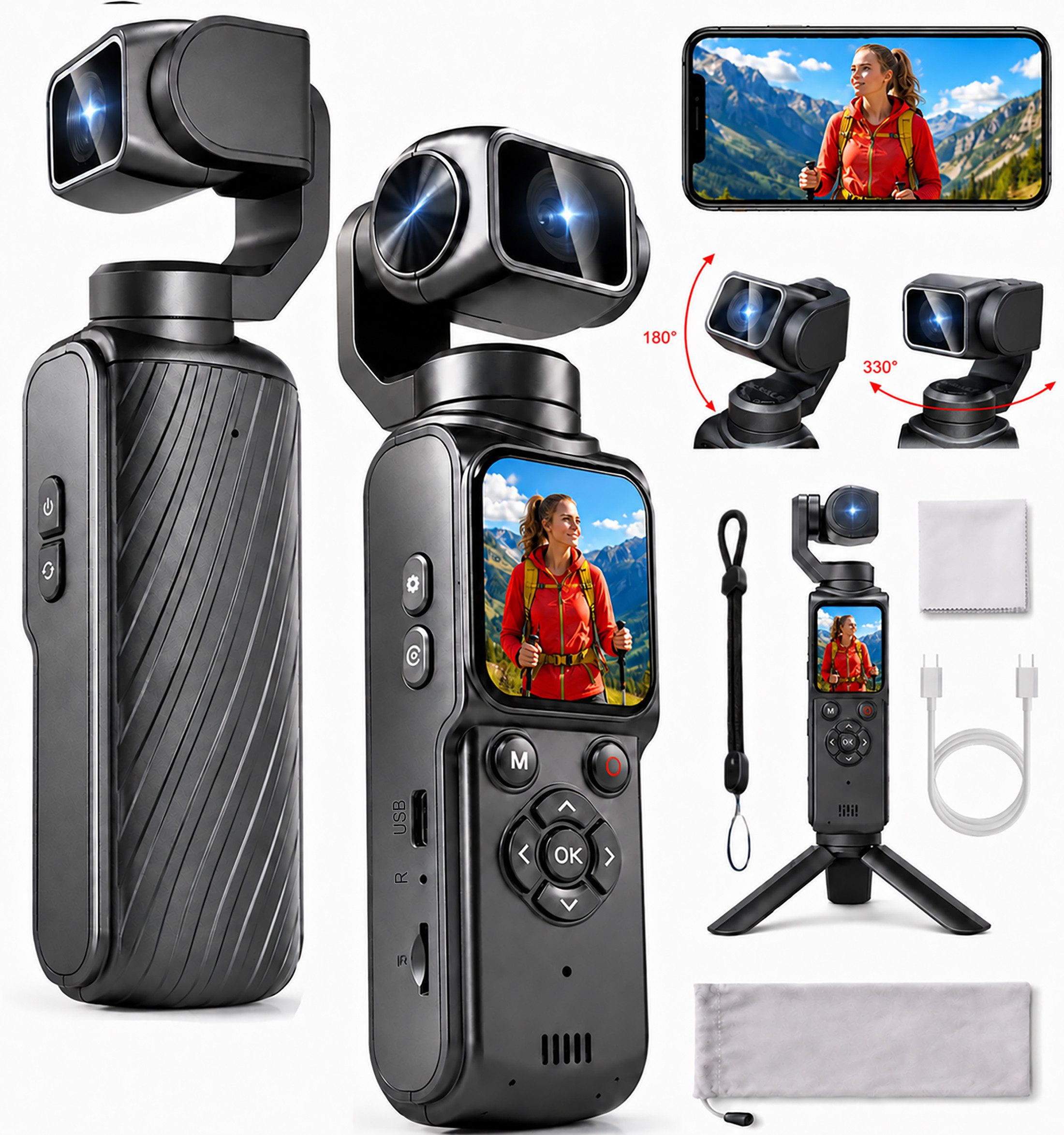 Luckice 4K Action Cam mit 330° Gedrehtes Objektiv& 1.72-Zoll-Touchscree Kompaktkamera (inkl. Vlogging-Kamera,drahtloser Übertragung Tragbarer Camcorder,für Reisen, Tägliche Vlogs,Live-Streams(Speicherkarte nicht enthalten)