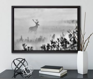 Pixxprint Leinwandbild Hirsch im Nebel, Wanddekoration (1 St), Leinwandbild fertig bespannt, in einem Schattenfugen-Bilderrahmen gefasst, inkl. Zackenaufhänger