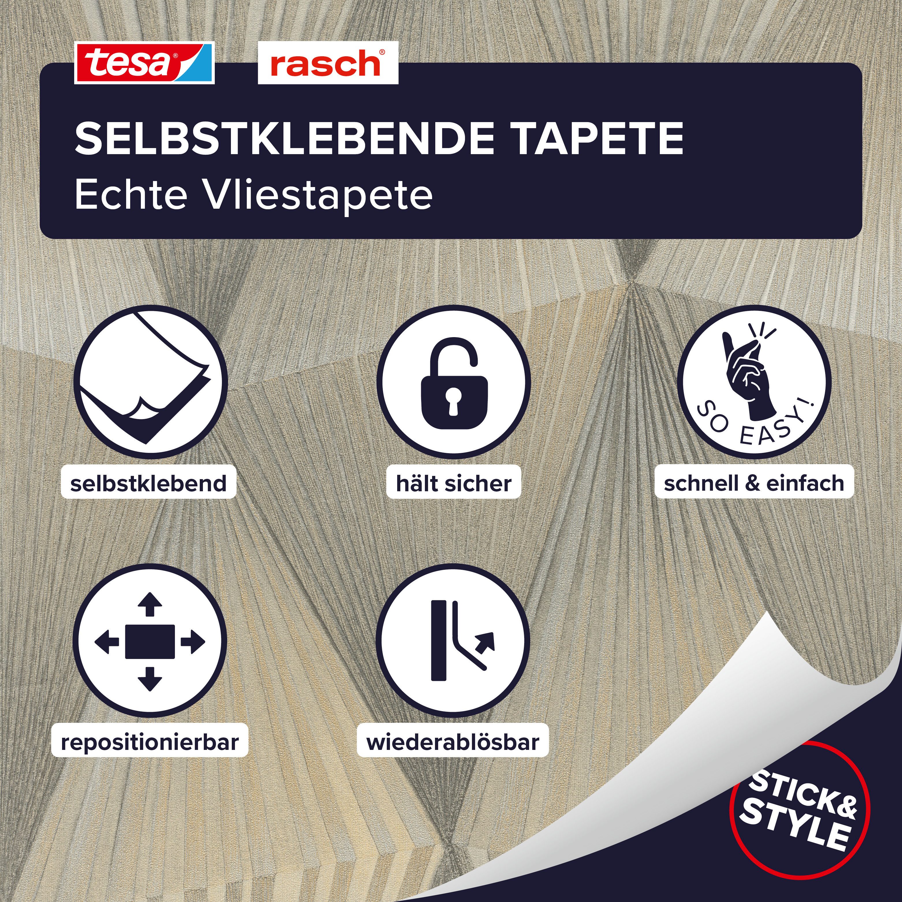 Rasch Vliestapete Cairo - Selbstklebende Tapete 3D Effekt von tesa® x rasch®, strukturiert, 3D-Optik, geometrisch, Gold-Optik, (1 St), selbstklebend, 6,00m x 0,53m