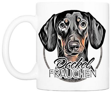 Cadouri Tasse DACKEL FRAUCHEN - Kaffeetasse für Hundefreunde, Keramik, mit Hunderasse, beidseitig bedruckt, handgefertigt, Geschenk, 330 ml