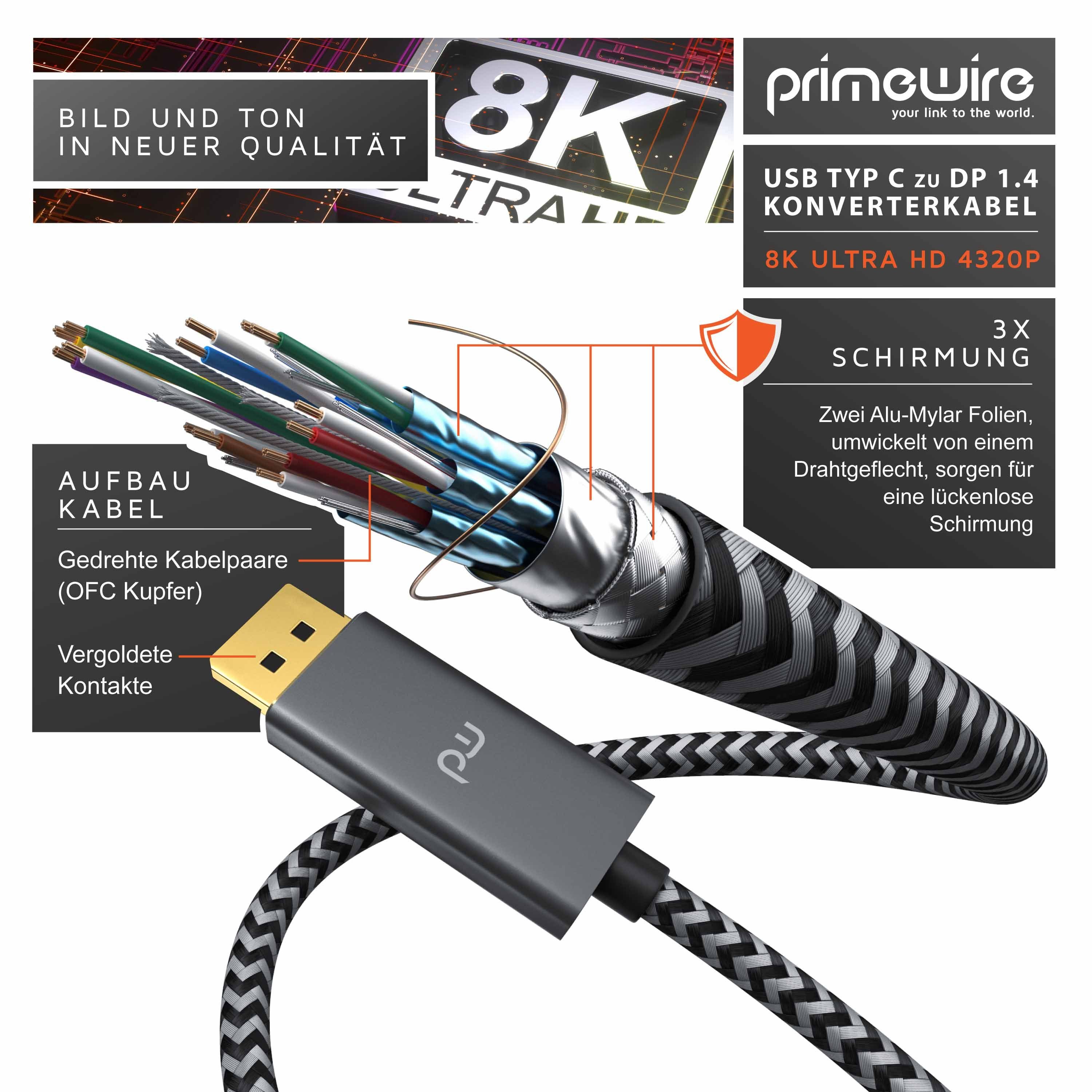 Primewire Audio- & Video-Kabel, USB-C, DisplayPort (100 cm), USB Typ C zu DP Konverterkabel Adapterkabel 8K 7680 × 4320 @30 Hz - 1m