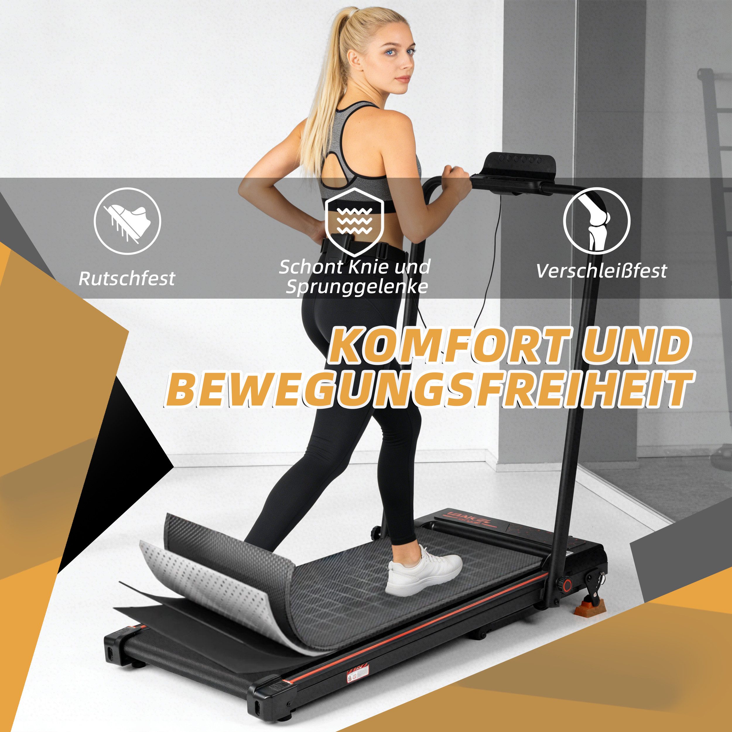 Vankel Laufband für Zuhause 2,5 PS, bis 12 km/h (Fernbedienung), Mit Handlauf, Sicherheitsclip, App und Fernbedienung