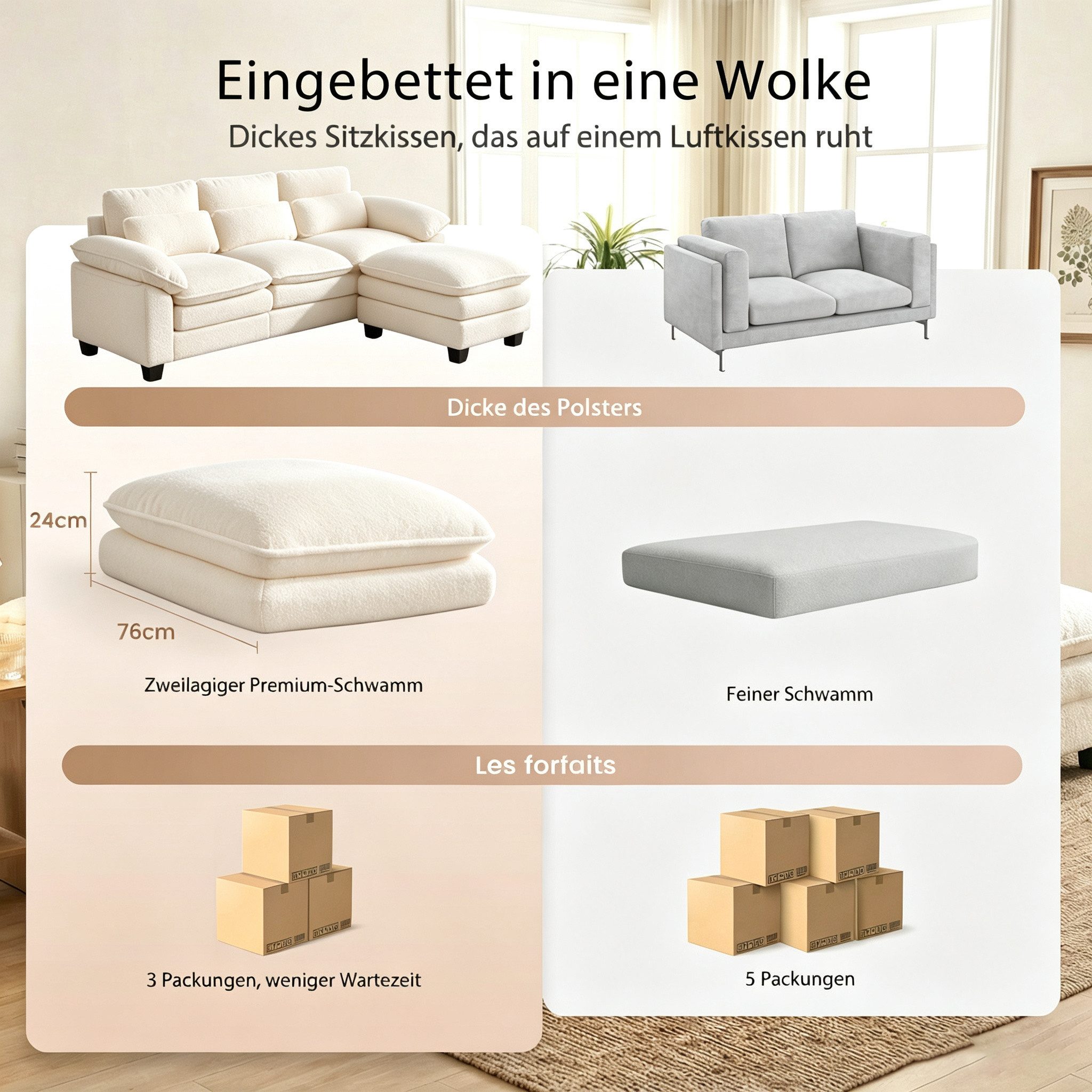 Patbrela Ecksofa modulares Sofa,15 cm dickes Sitzkissen,Breite 226/283cm, Schlafsofa,Angenehmer Teddy-Stoff,Einfache Montage