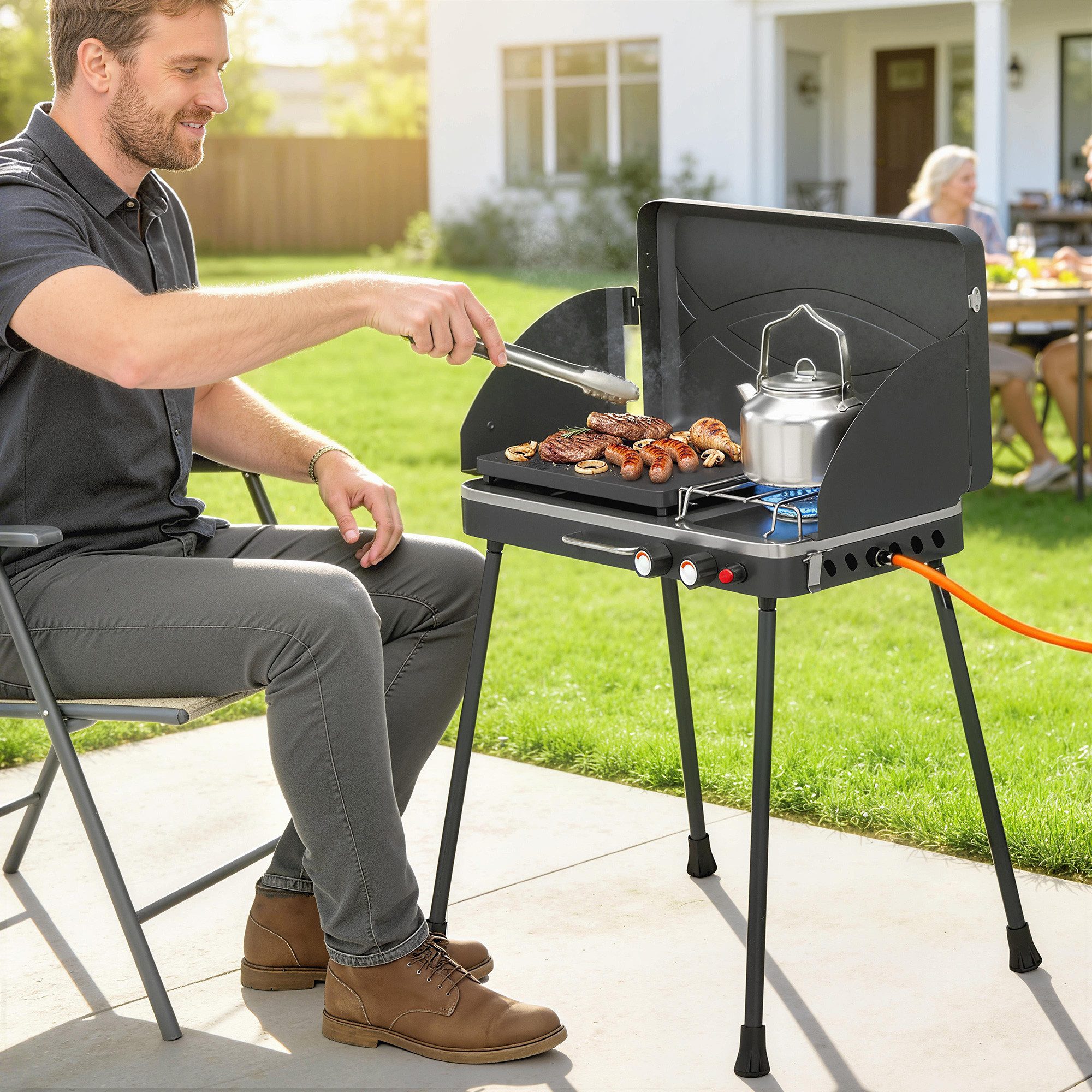 Outsunny Gasgrill mit Braten, klappbar Beine, Grillrost, Windschutz, Deckel, Verschluss, Campinggrill, Tischgrill, für BBQ Camping
