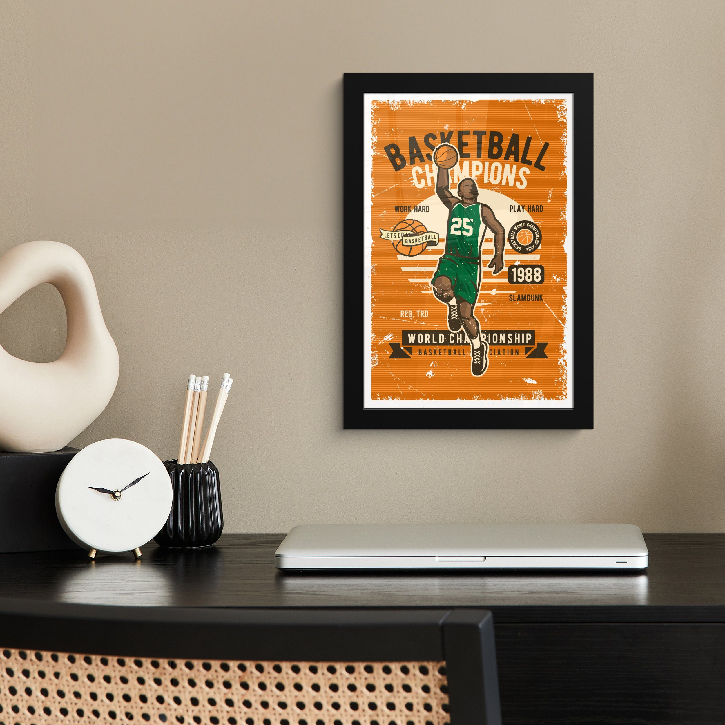 MuchoWow Poster Mancave - Basketball - Sport - Retro, (1 St), Gerahmtes Poster, Wanddeko, Bilder, Wandposter, Schwarzem Bilderrahmen