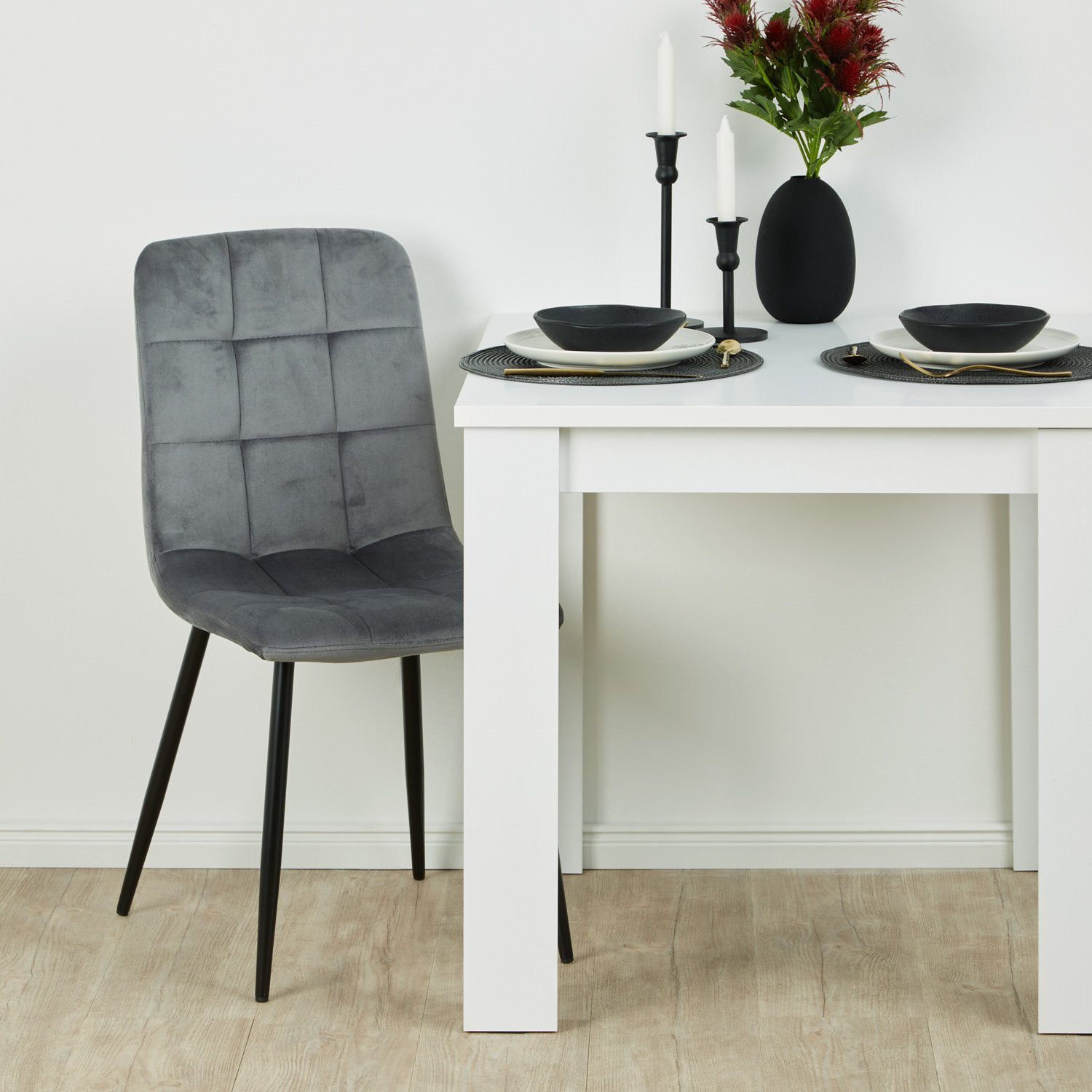 Stühlen 80x80 cm Grau, Homestyle4u (Komplett-Set, Samt Essgruppe 3-tlg) mit 2 Weiß Esstisch