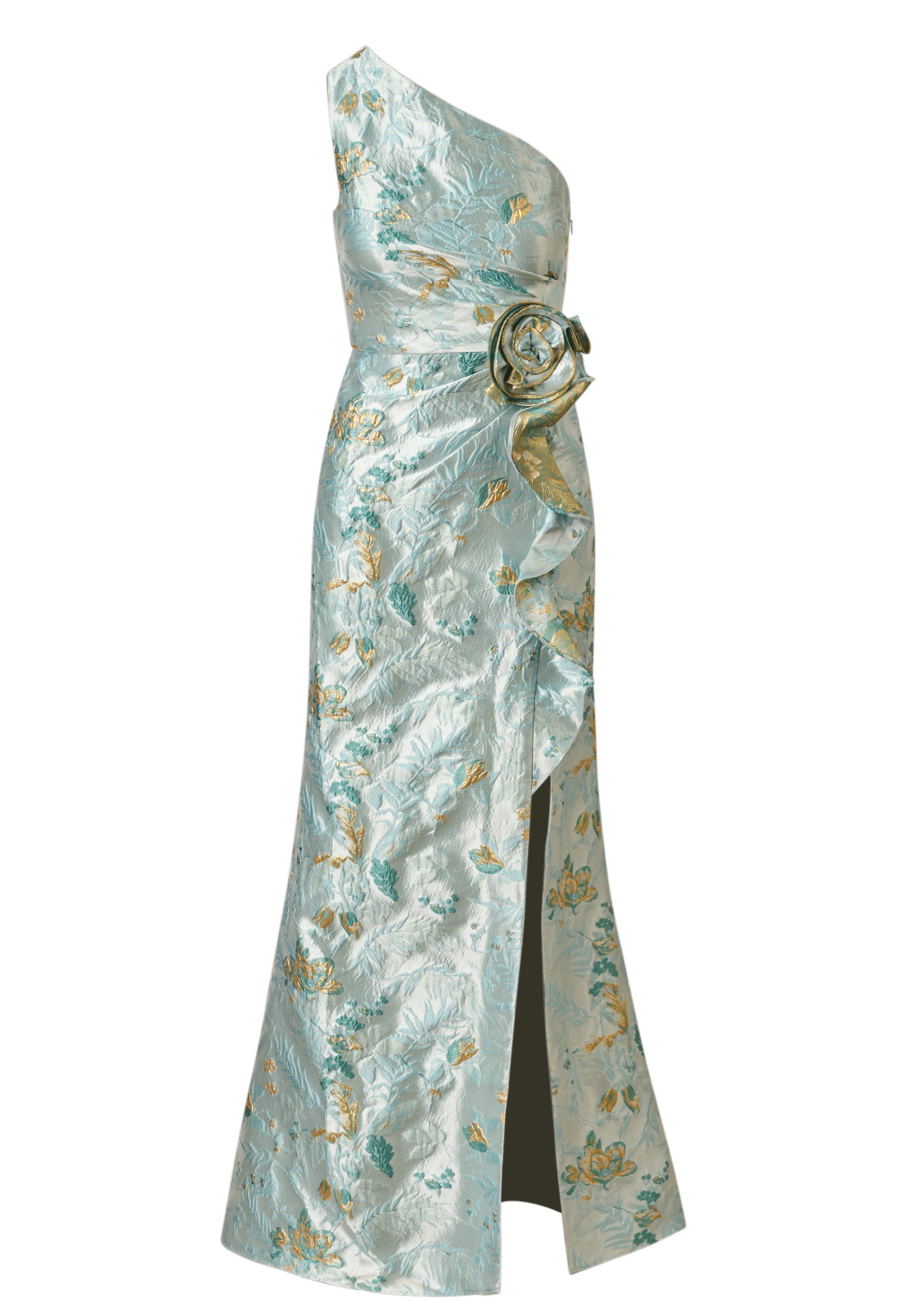Adrianna Papell Abendkleid Metallic Jacquard Rose Gown Ein skulpturales und auffälliges, luxuriöses Jacquard-Kleid