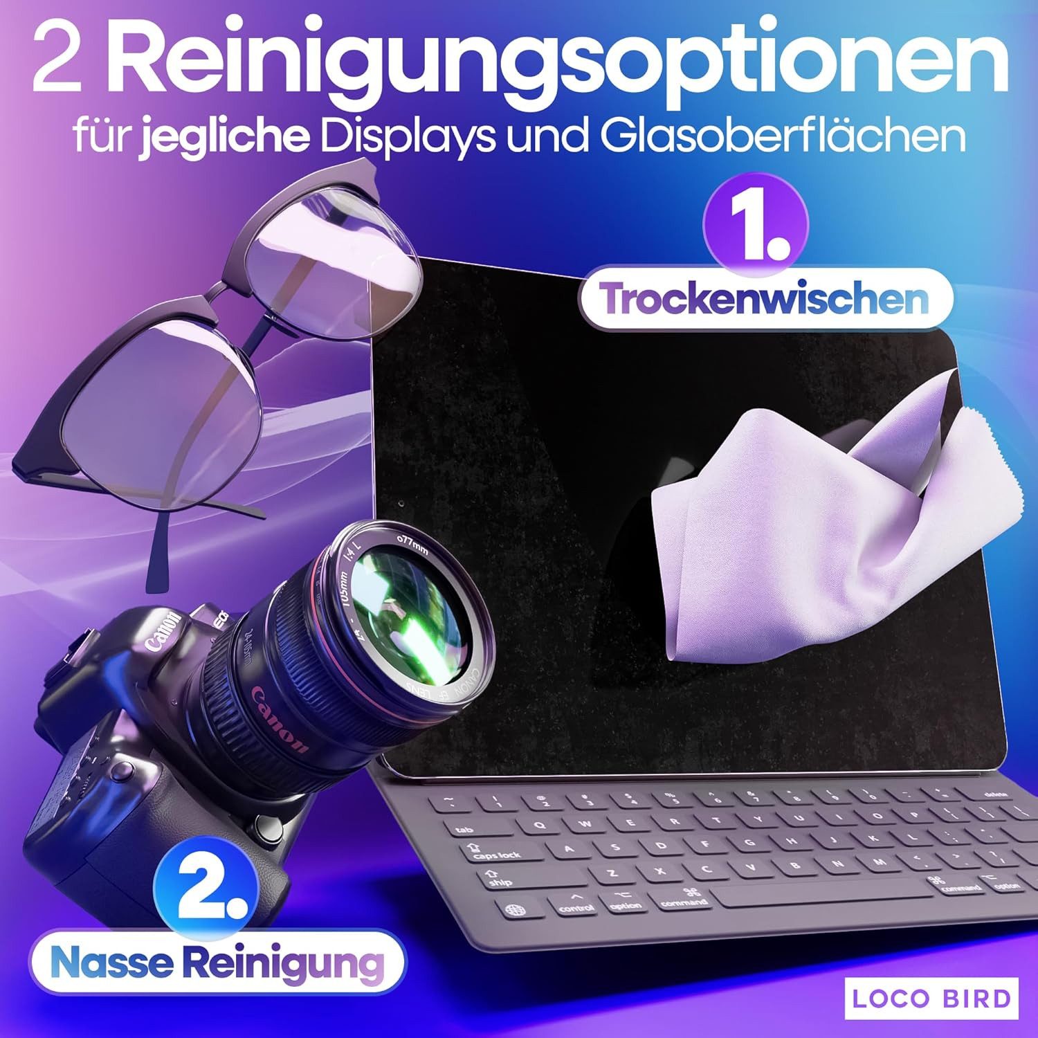 Loco Bird Brillenputztuch Microfaser in Optikerqualität - Brillenputztücher - Reinigungstücher (30x30 cm, - 6er Set, Brillentücher in Grau, Mikrofasertuch, Mikr – Bild 5 von 5