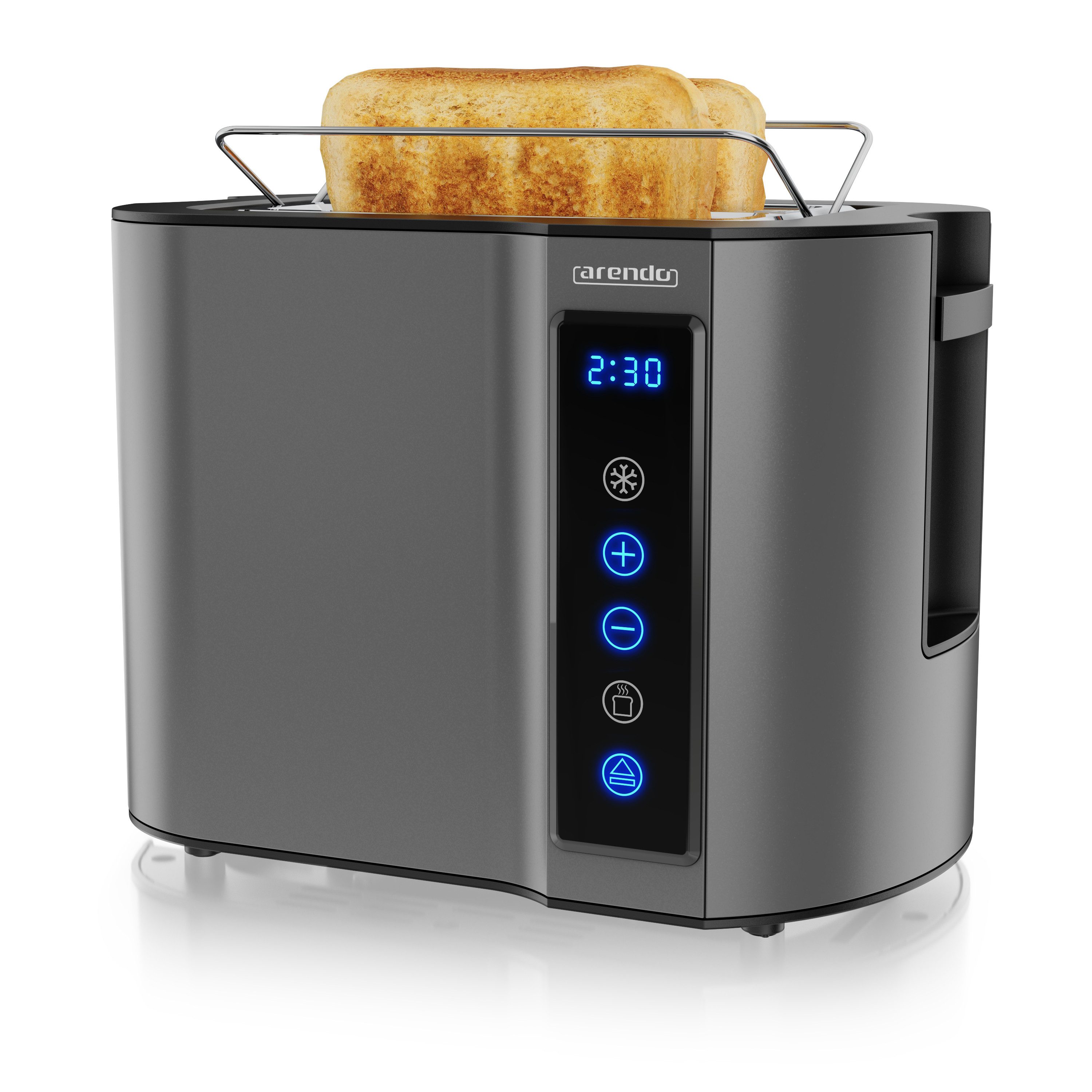 Arendo Toaster 2-Scheiben, Wärmeisoliertes Doppelwandgehäuse, Display Restzeitanzeige, 2 kurze Schlitze, für 2 Scheiben, 800 W, Kurzschlitz, Brötchenaufsatz, 7 Bräunungsgrade, Touchpanel
