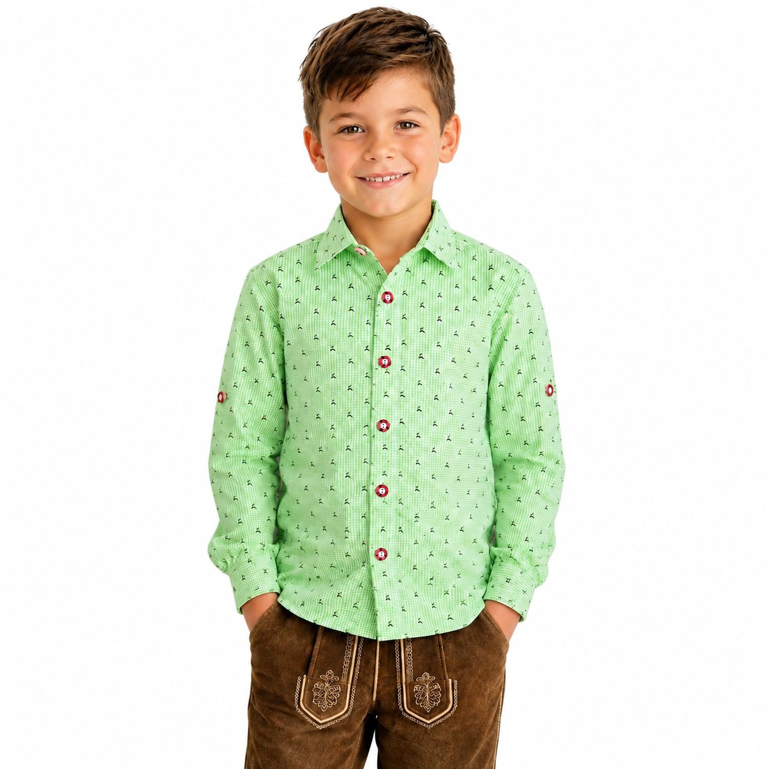 Isar-Trachten Trachtenhemd Kinder 'Malte' Hirschdesign 52913, Grün Kariert