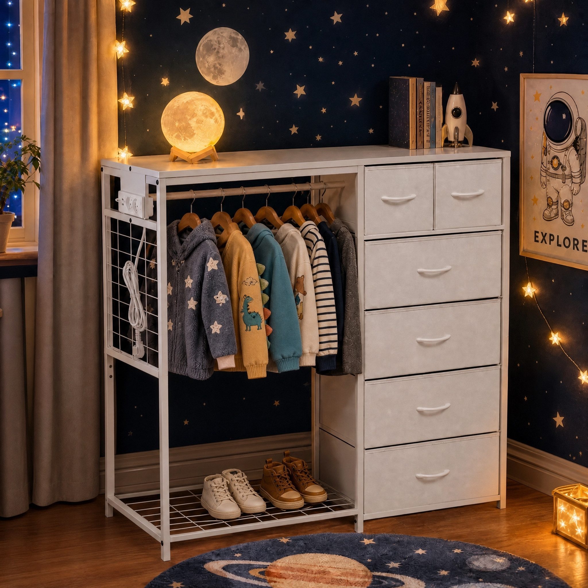 BlingBin Kinderkleiderschrank Multifunktionaler Garderobenständer für Kinder mit Kleiderstange (1er Set, 1-St., 125 × 40 × 120 cm) 6 Schubladen und integrierter Steckdose