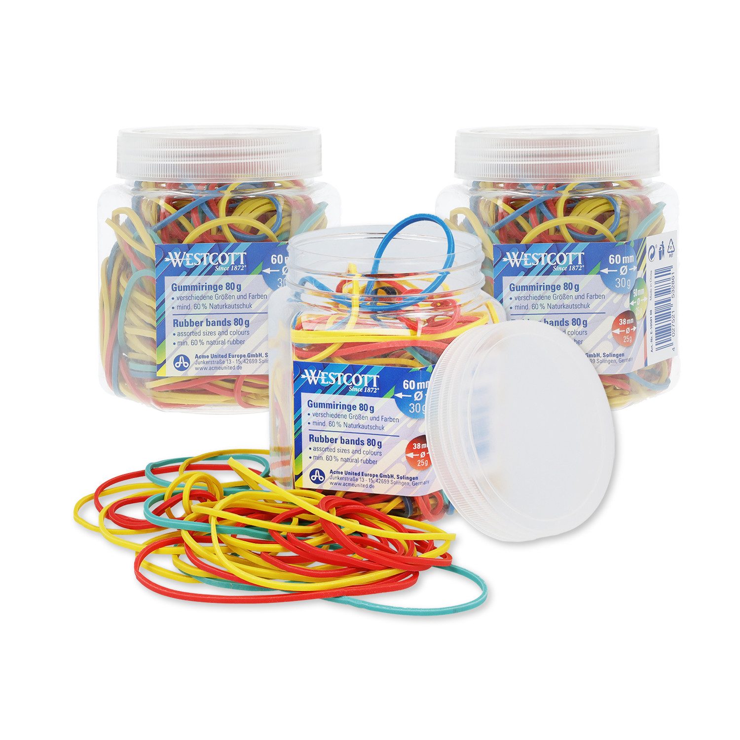 WESTCOTT Gummiband Gummibänder 80g, ca. 170 Bunte Gummiringe Haushaltsgummis, verschiedene Größen ⌀ 60mm, 50mm, 38mm