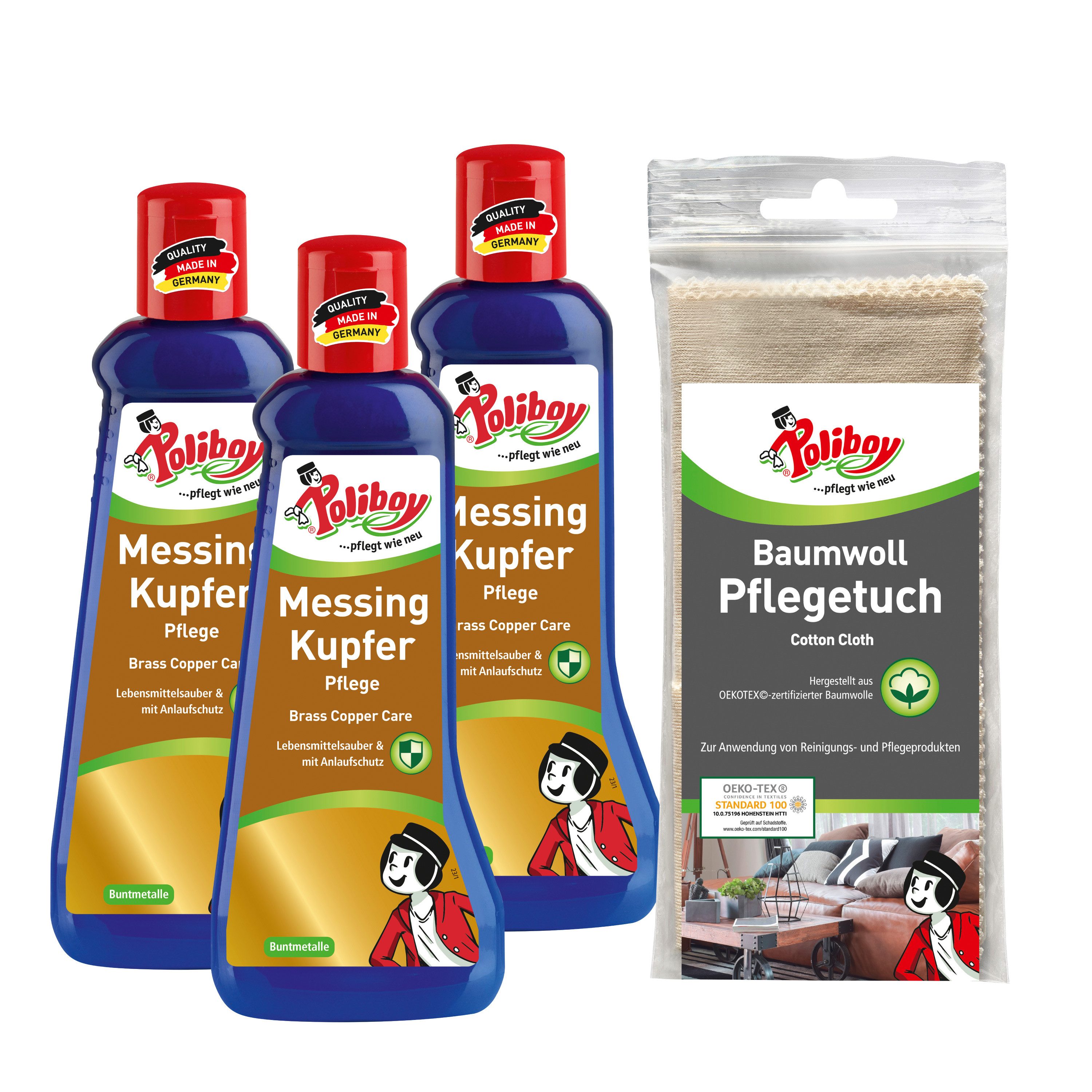 poliboy 99A4801, Messing Kupfer Pflege - 3x200ml - mit Baumwolltuch Schmuckreiniger (zur Reinigung und Pflege - mit Anlaufschutz - Made in Germany)