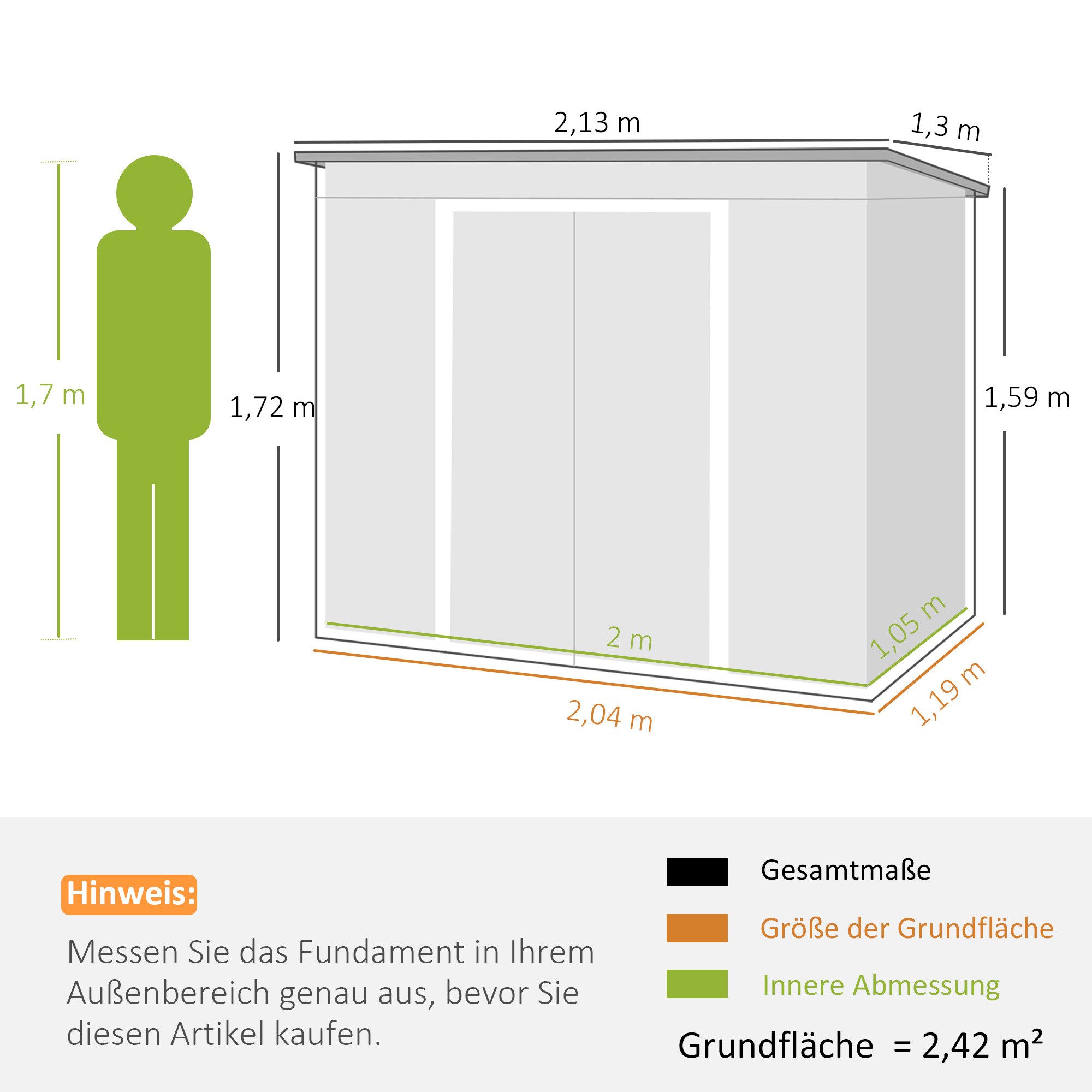 Outsunny Gerätehaus Metall Geräteschuppen, Pultdach, Abschließbar, BxT: 213x130 cm, (Geräteschuppen, 2 St., Gartenhaus), für Hinterhof Garten, Hellgrau