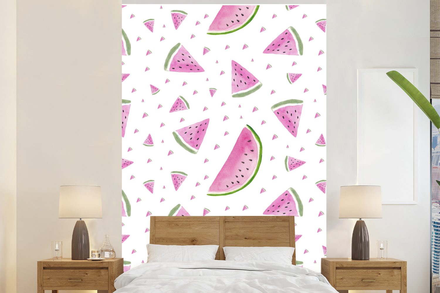 MuchoWow Fototapete Wassermelone - Aquarell - Pastell, Matt, bedruckt, (3 St), Montagefertig Vinyl Tapete für Wohnzimmer, Wandtapete