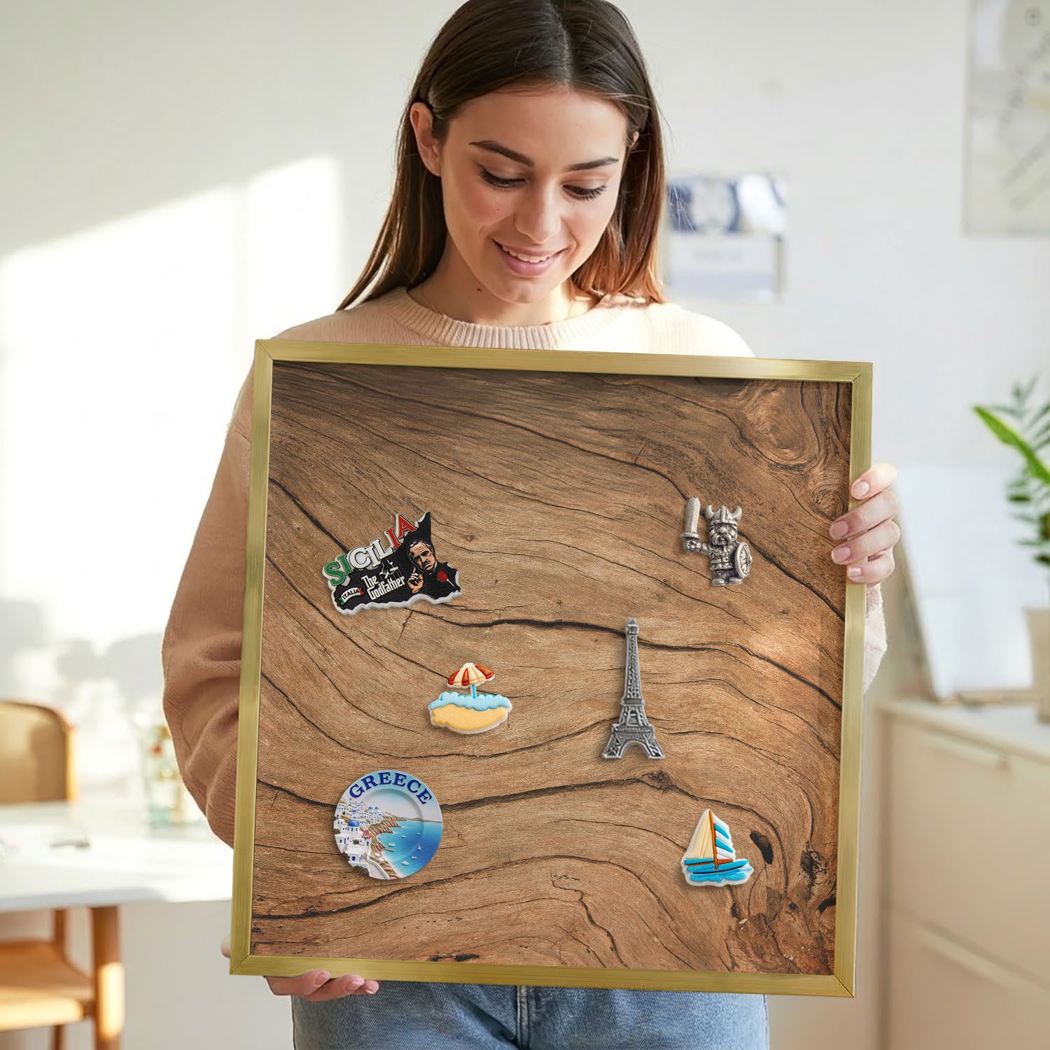 Tulup Magnettafel Braun mit schwarzem Rahmen, Wandtafel für Büro, für Fotos und Notizen, Holzmaserung, Braun