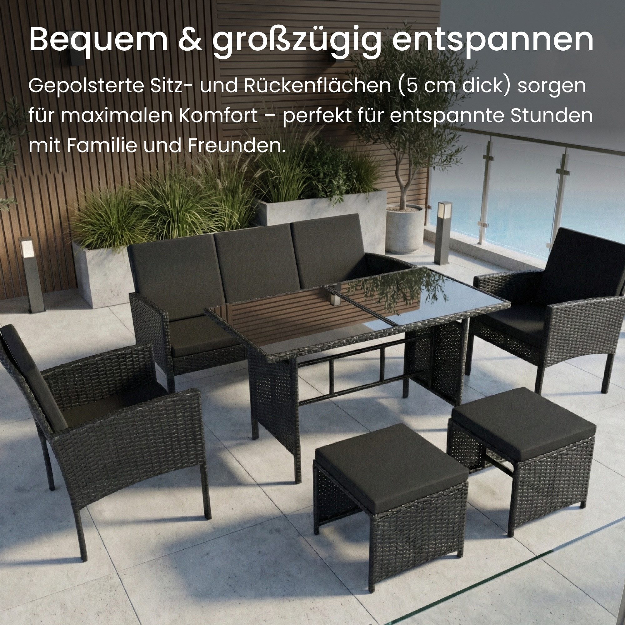 Home Collective Gartenlounge-Set Gartenmöbel Set 7-Sitzer Outdoor Sitzgruppe Möbel Lounge Polyrattan, (inkl. Esstisch mit gehärteter Glasplatte), 3-Sitzer Sofa, 2 Stühle, 2 Hocker Polyrattan Schwarz schwarze Kissen