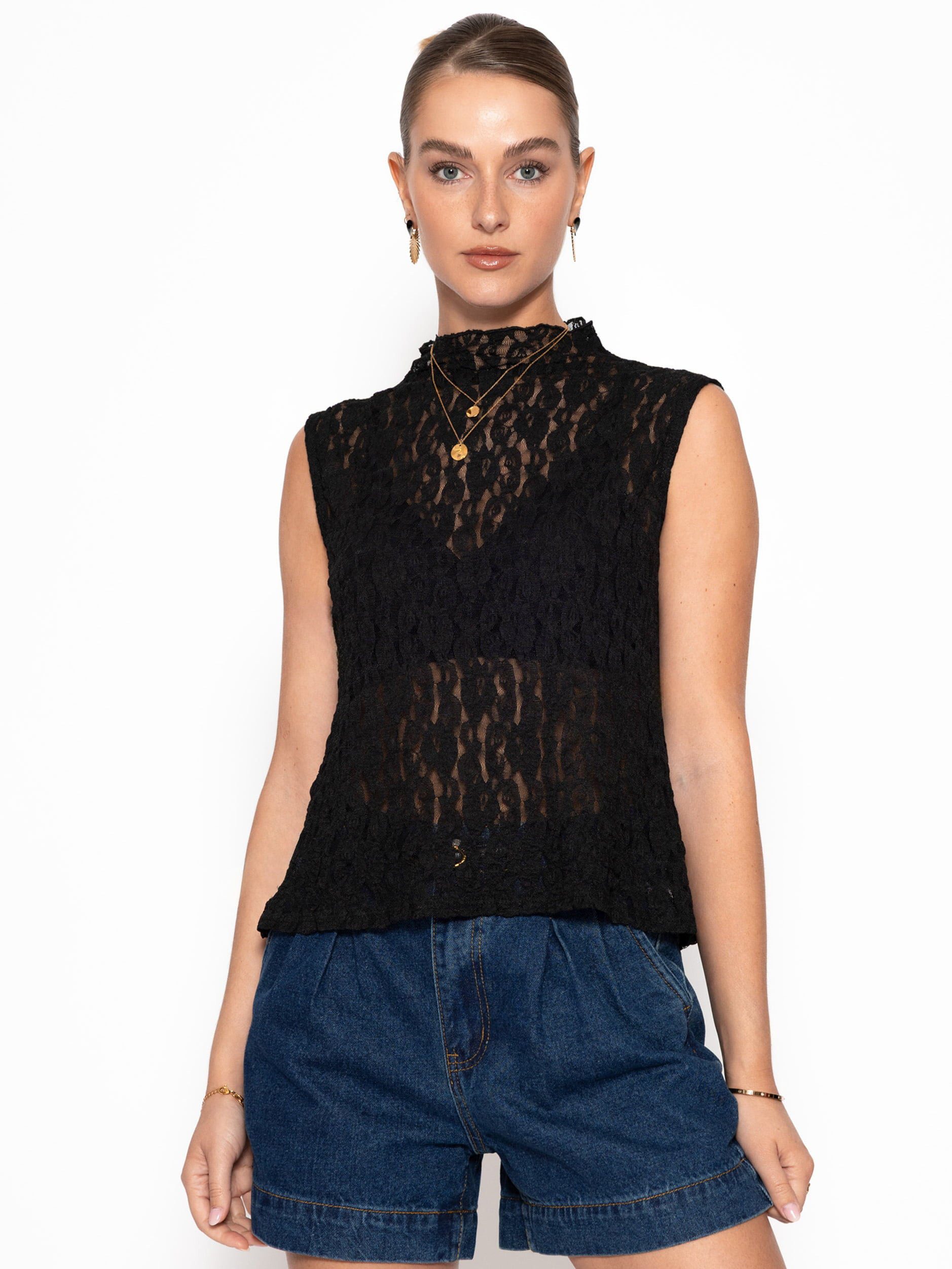 SASSYCLASSY T-Shirt Spitzen-Top mit Stehkragen für Damen Leicht transparentes Top mit floralem Muster Schwarz Offwhite
