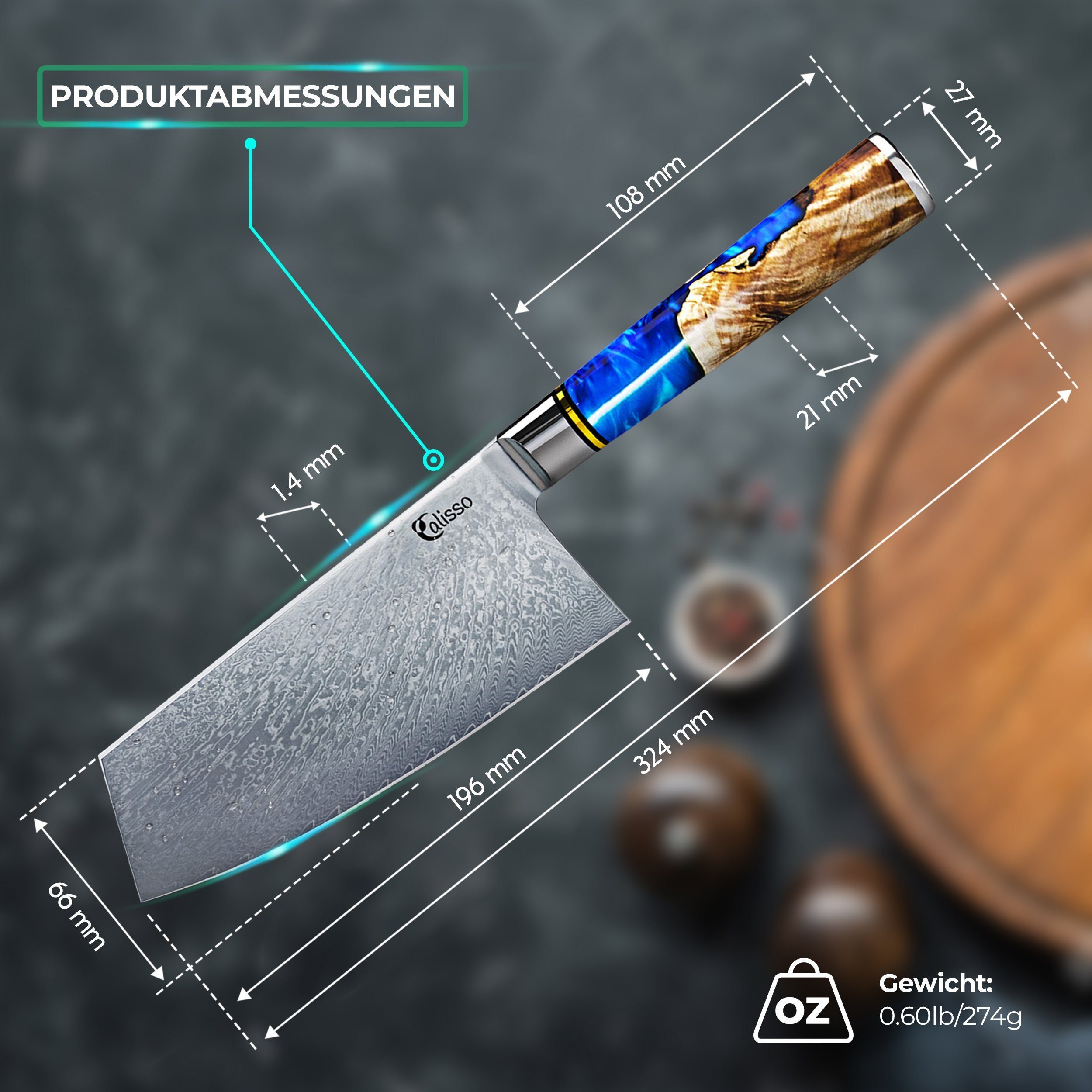 Calisso Hackmesser Aquamarine Line Chai Dao Chinesisches Küchenmesser, Damastmesser