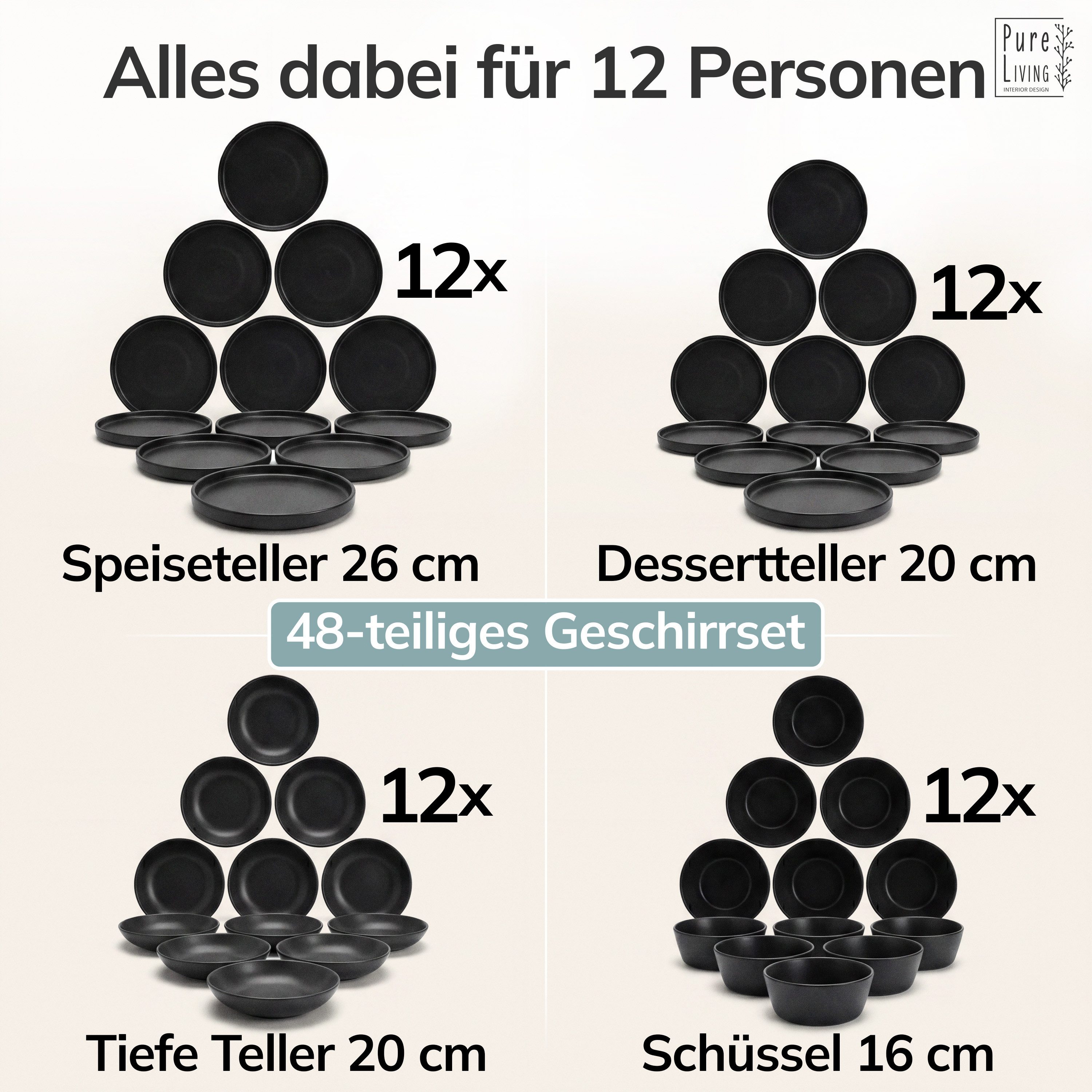 PURE LIVING INTERIOR DESIGN Geschirr-Set Manhattan aus Steingut, 48-tlg., für 12 Personen, Schwarz (48-tlg), 12 Personen, Steingut – Bild 5 von 5